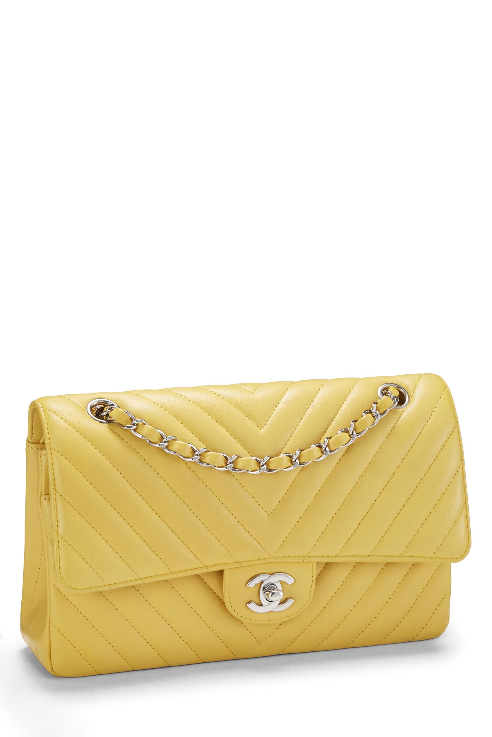 Chanel,  Yellow Chevron Lambskin Classic Double Flap Medium, Yellow