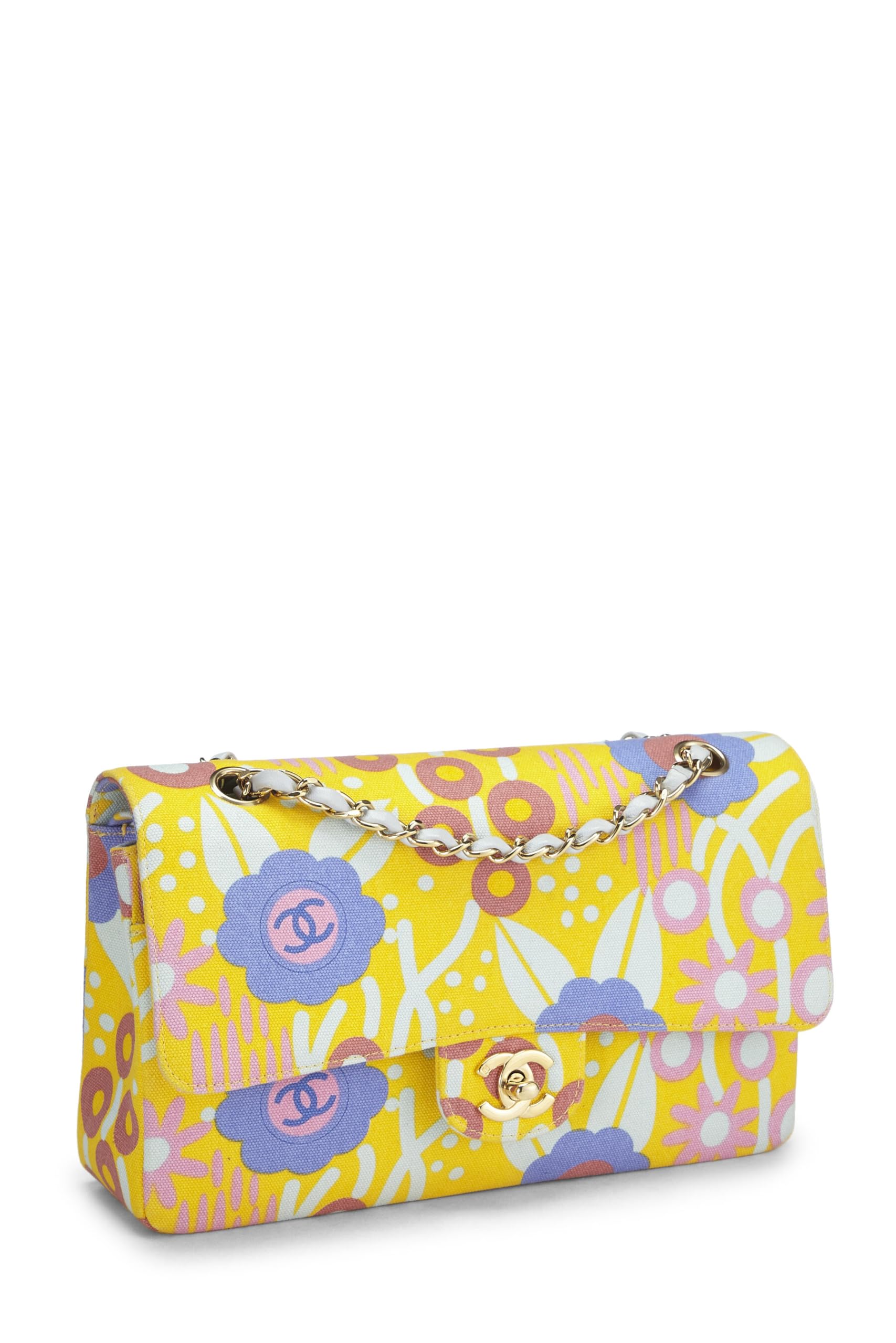 Chanel,  Yellow & Multicolor Floral Canvas Classic Double Flap Medium, Multi