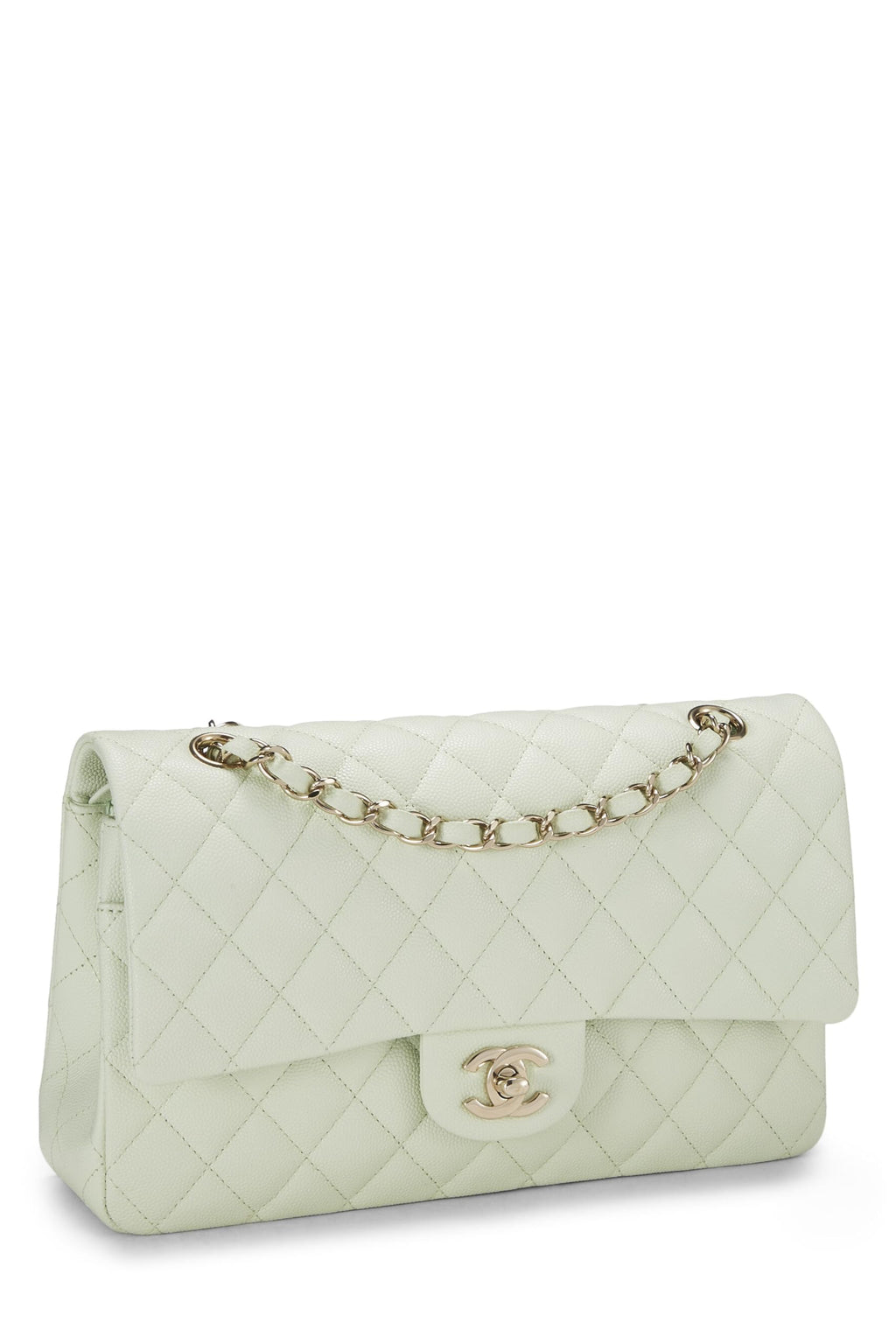 Chanel,  Green Quilted Caviar Classic Double Flap Medium, Green