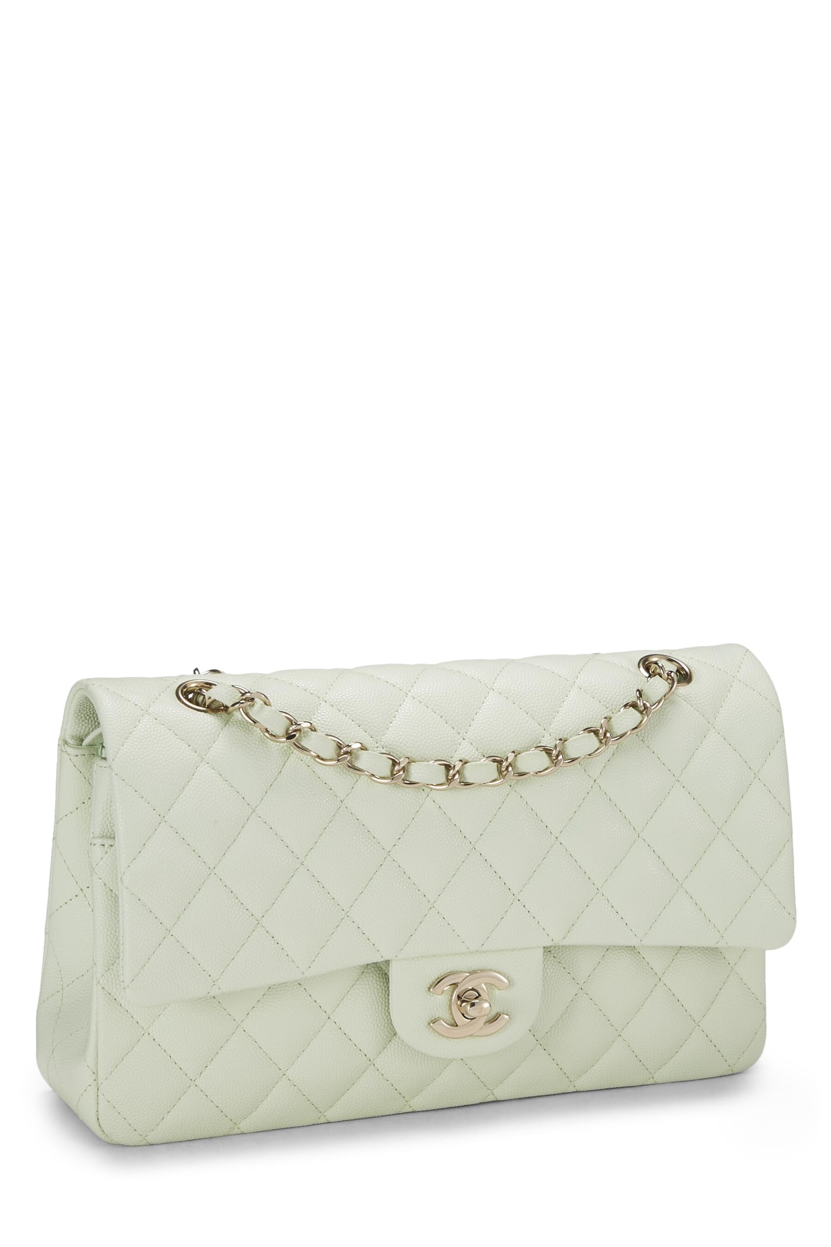 Chanel,  Green Quilted Caviar Classic Double Flap Medium, Green