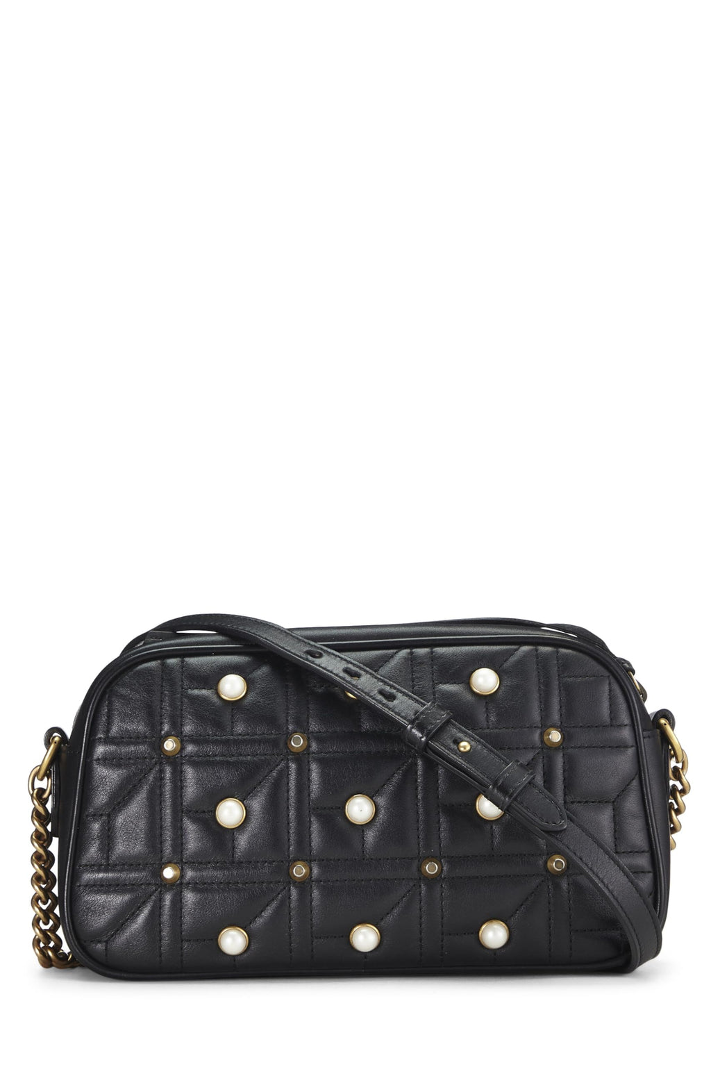 Gucci,  Black Leather & Faux Pearl Gucci Marmont Crossbody Small, Black