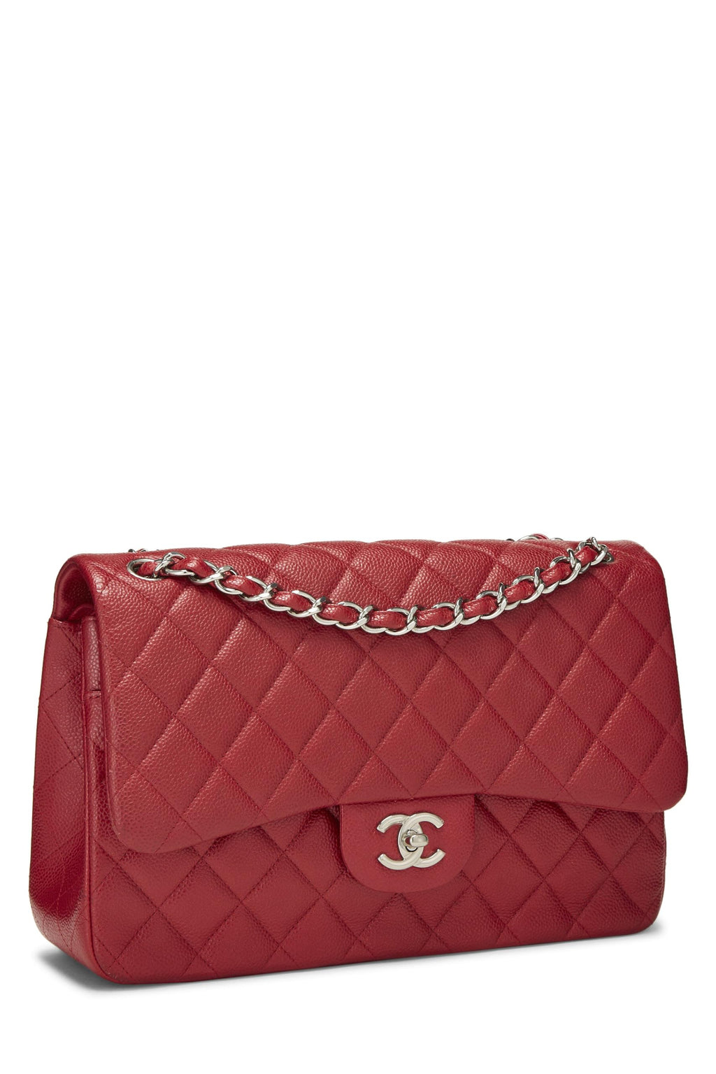 Chanel,  Red Quilted Caviar New Classic Double Flap Jumbo, Red