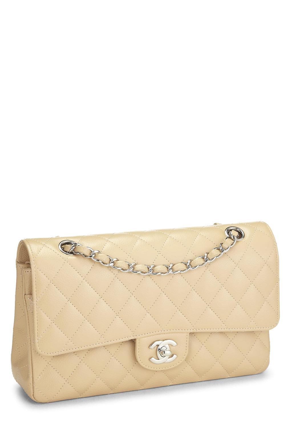 Chanel,  Beige Quilted Caviar Classic Double Flap Medium, Beige