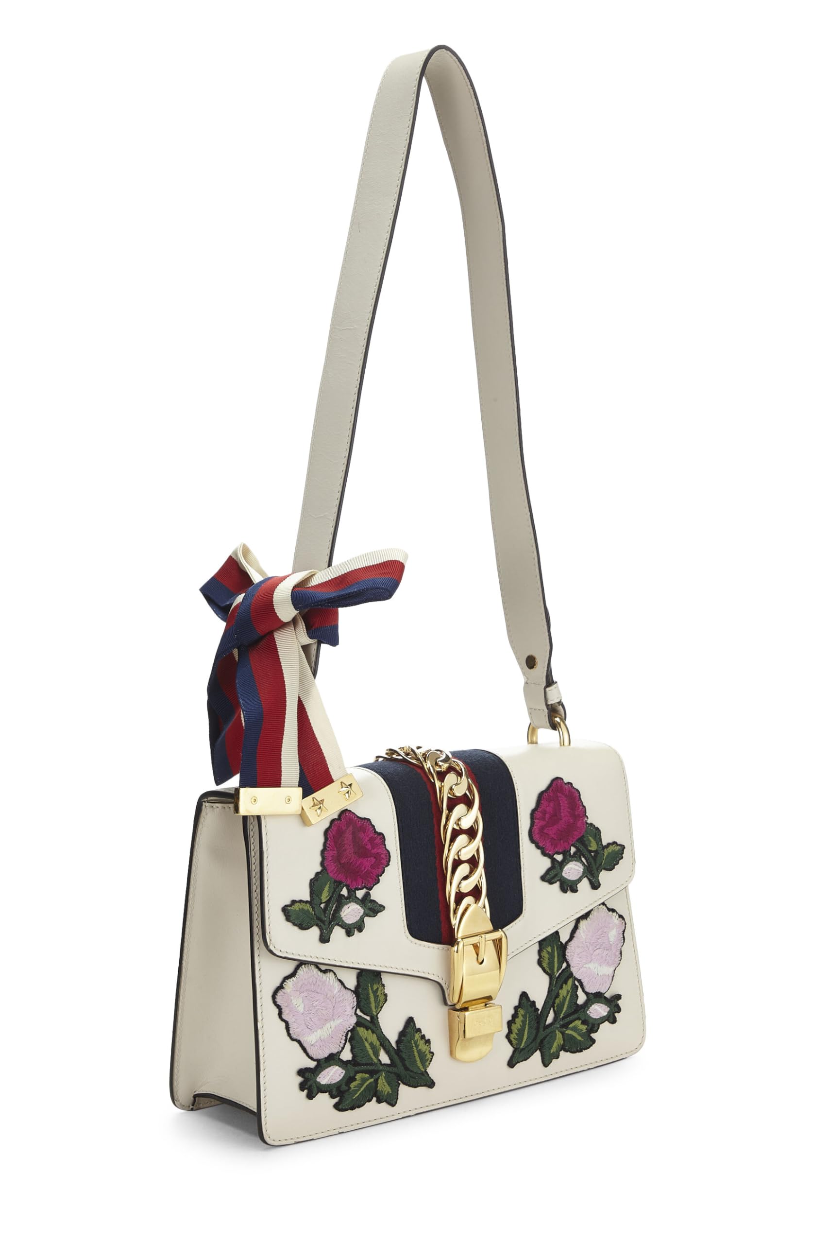 Gucci,  White Leather Embroidered SyLouis Vuittonie Shoulder Bag Small, White