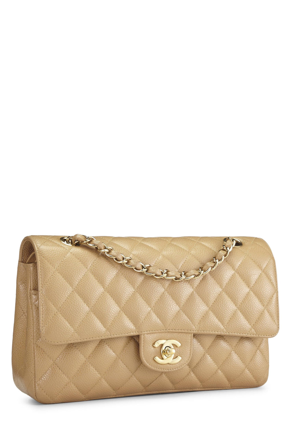 Chanel,  Beige Quilted Caviar Classic Double Flap Medium, Beige