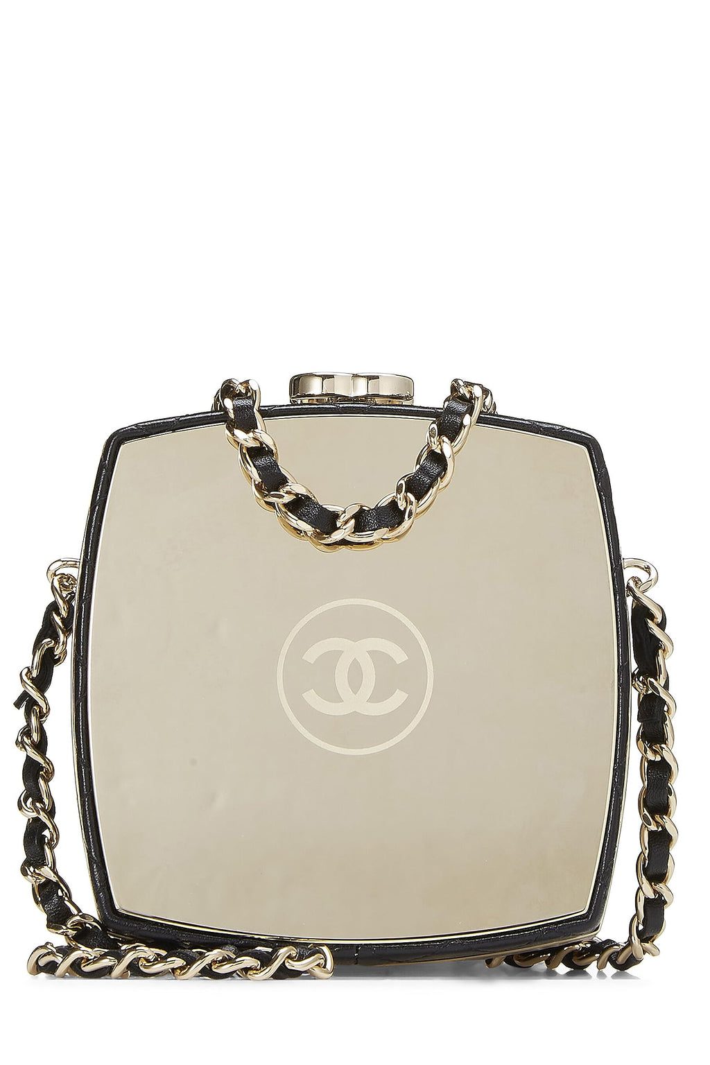 Chanel,  Black Lambskin Powder Clutch On Chain, Black