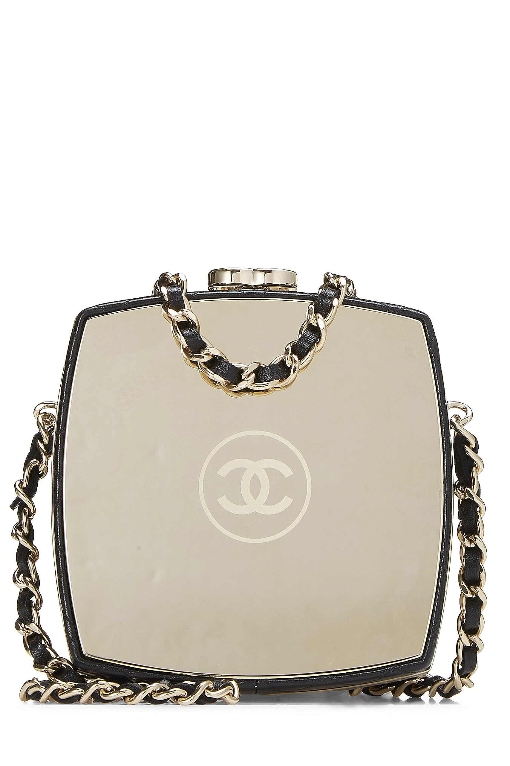 Chanel,  Black Lambskin Powder Clutch On Chain, Black