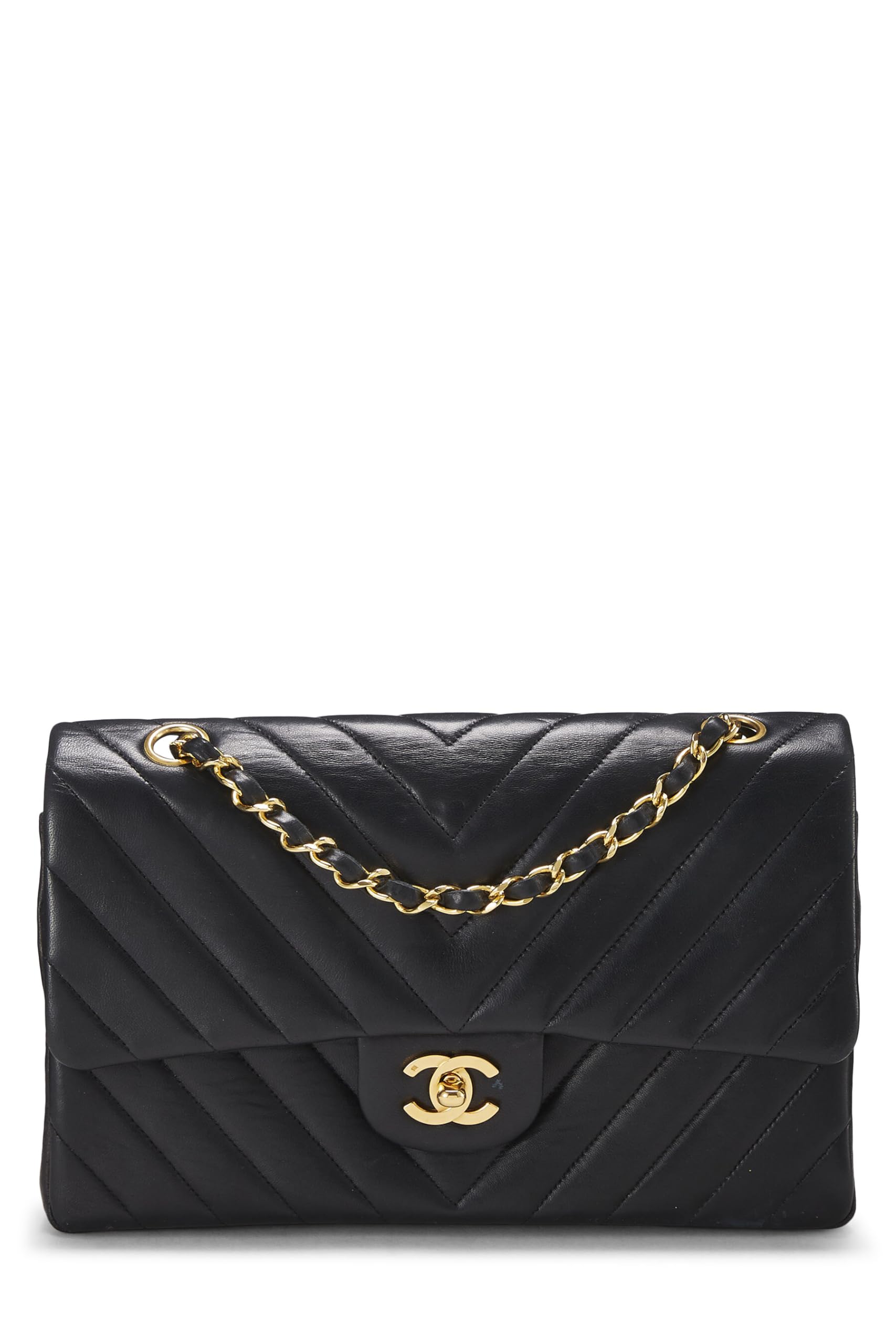 Chanel,  Black Chevron Lambskin Classic Double Flap Medium, Black