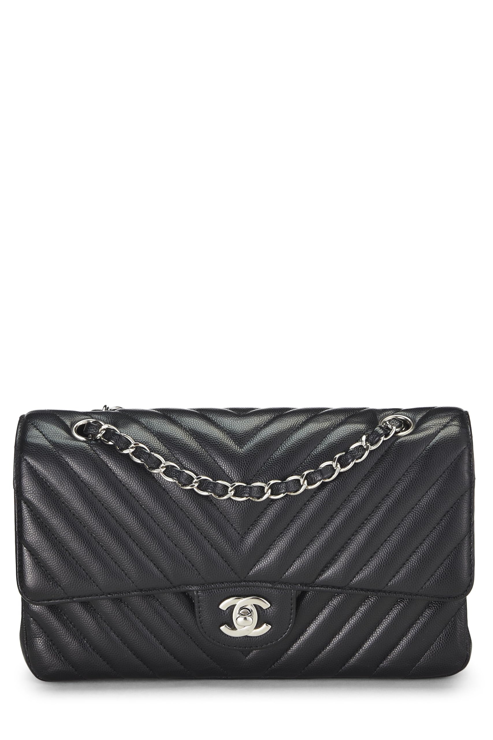 Chanel,  Black Chevron Caviar Classic Double Flap Medium, Black