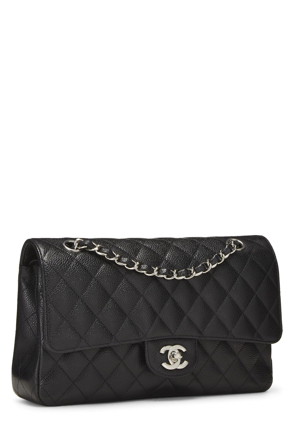 Chanel,  Black Quilted Caviar Classic Double Flap Medium, Black