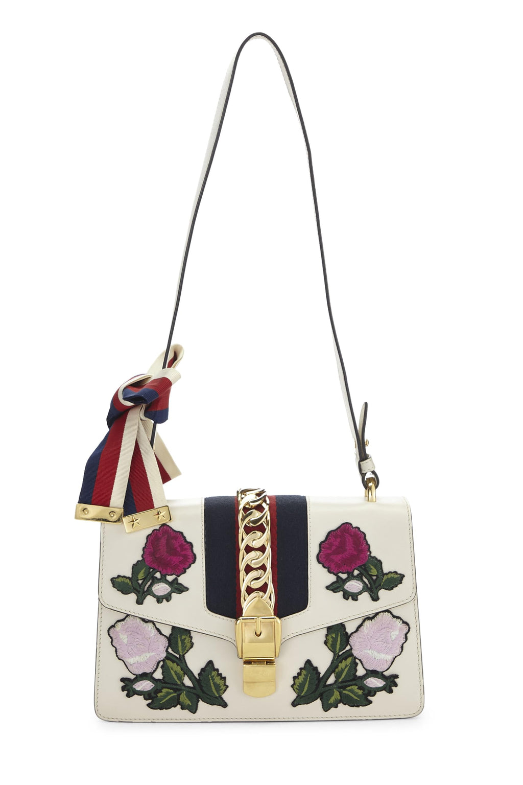 Gucci,  White Leather Embroidered SyLouis Vuittonie Shoulder Bag Small, White
