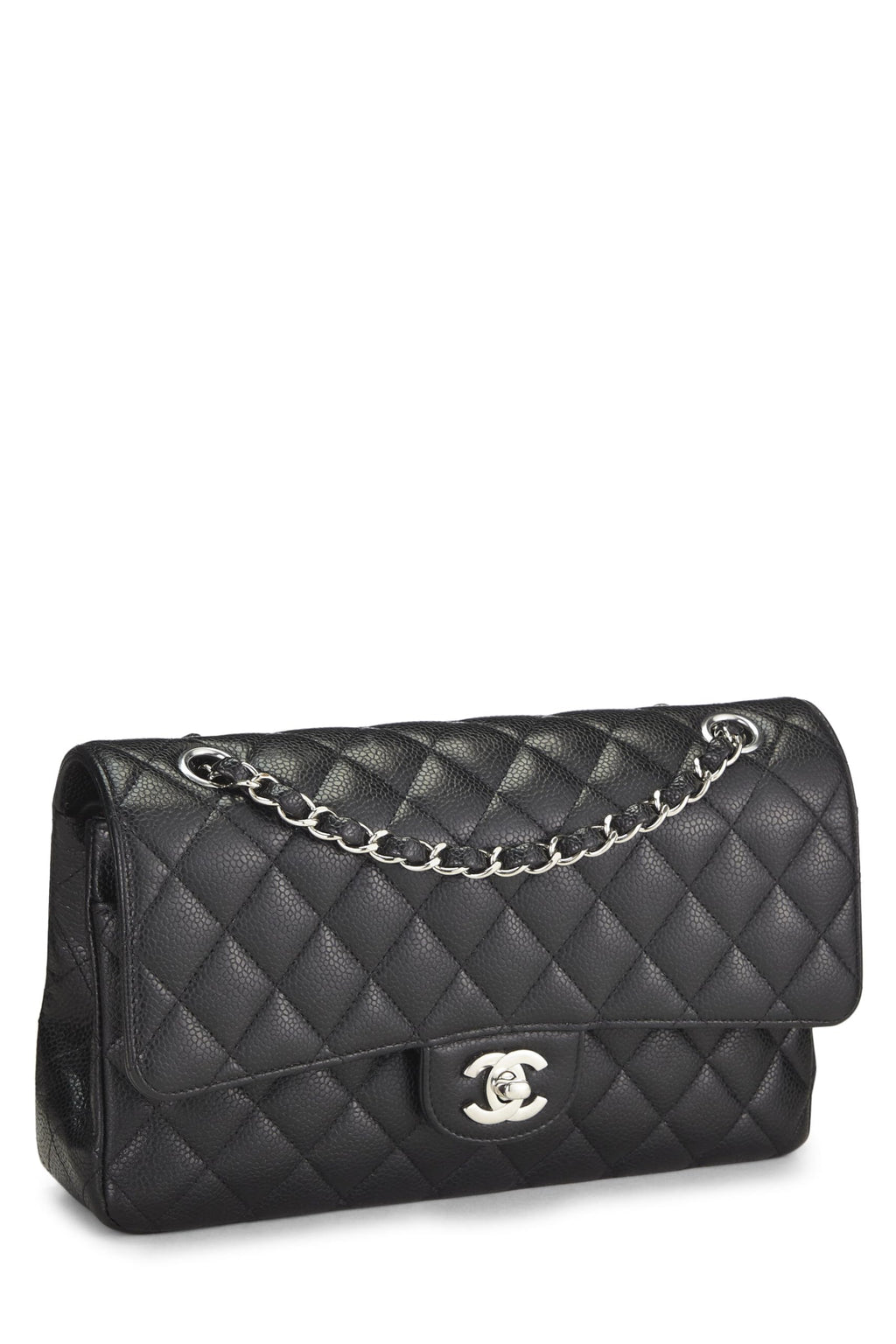 Chanel,  Black Quilted Caviar Classic Double Flap Medium, Black