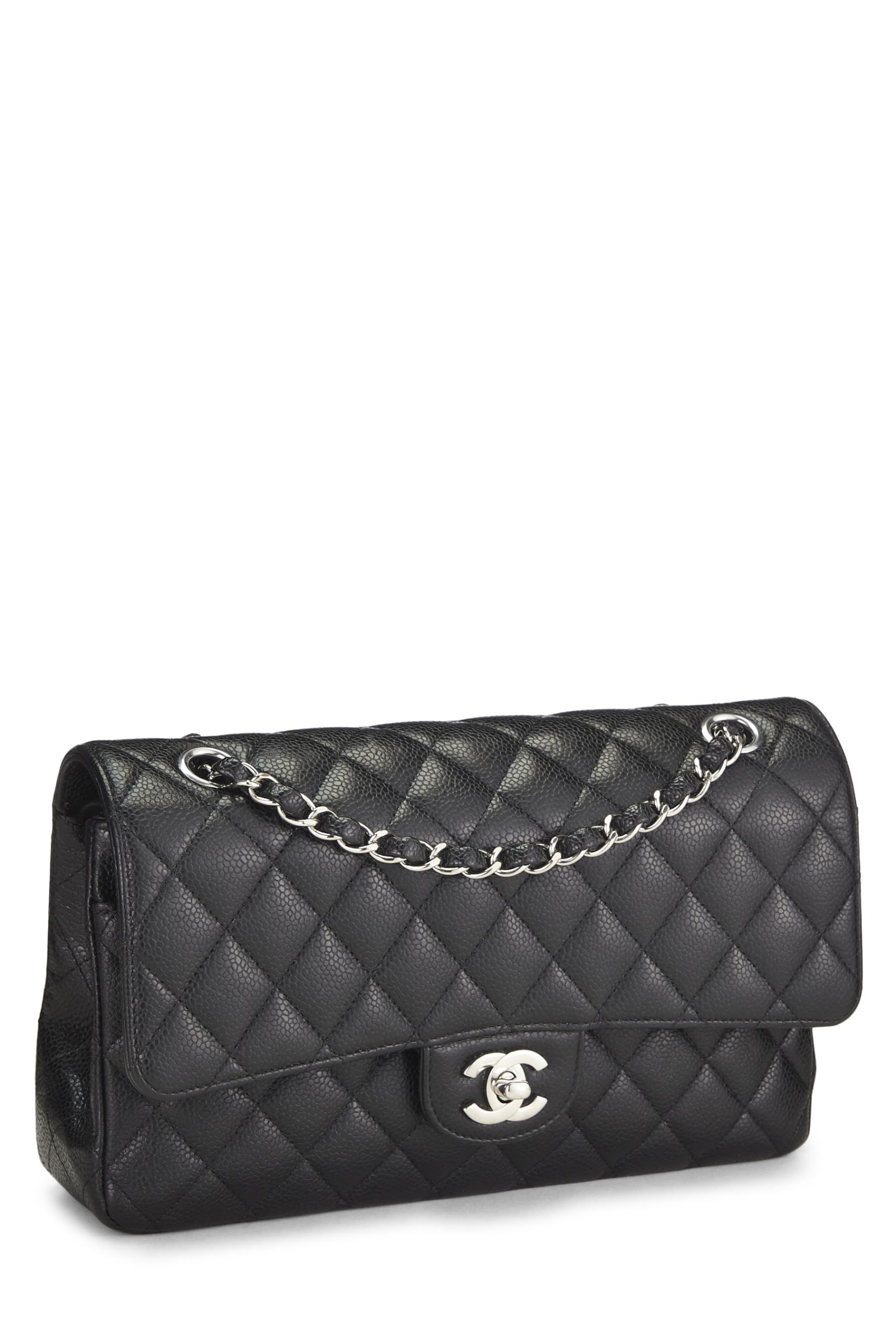 Chanel,  Black Quilted Caviar Classic Double Flap Medium, Black