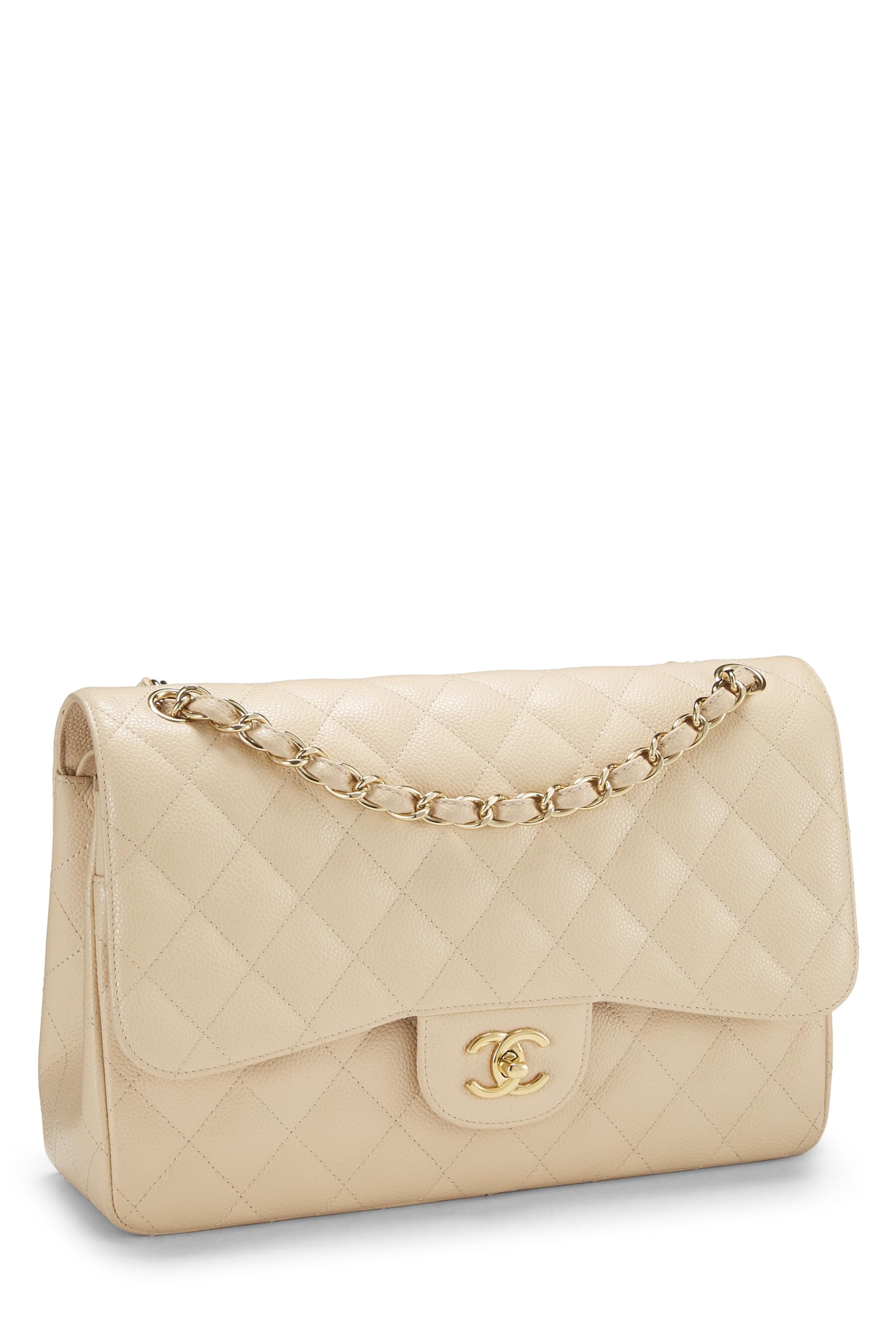 Chanel,  Beige Quilted Caviar New Classic Double Flap Jumbo, Beige
