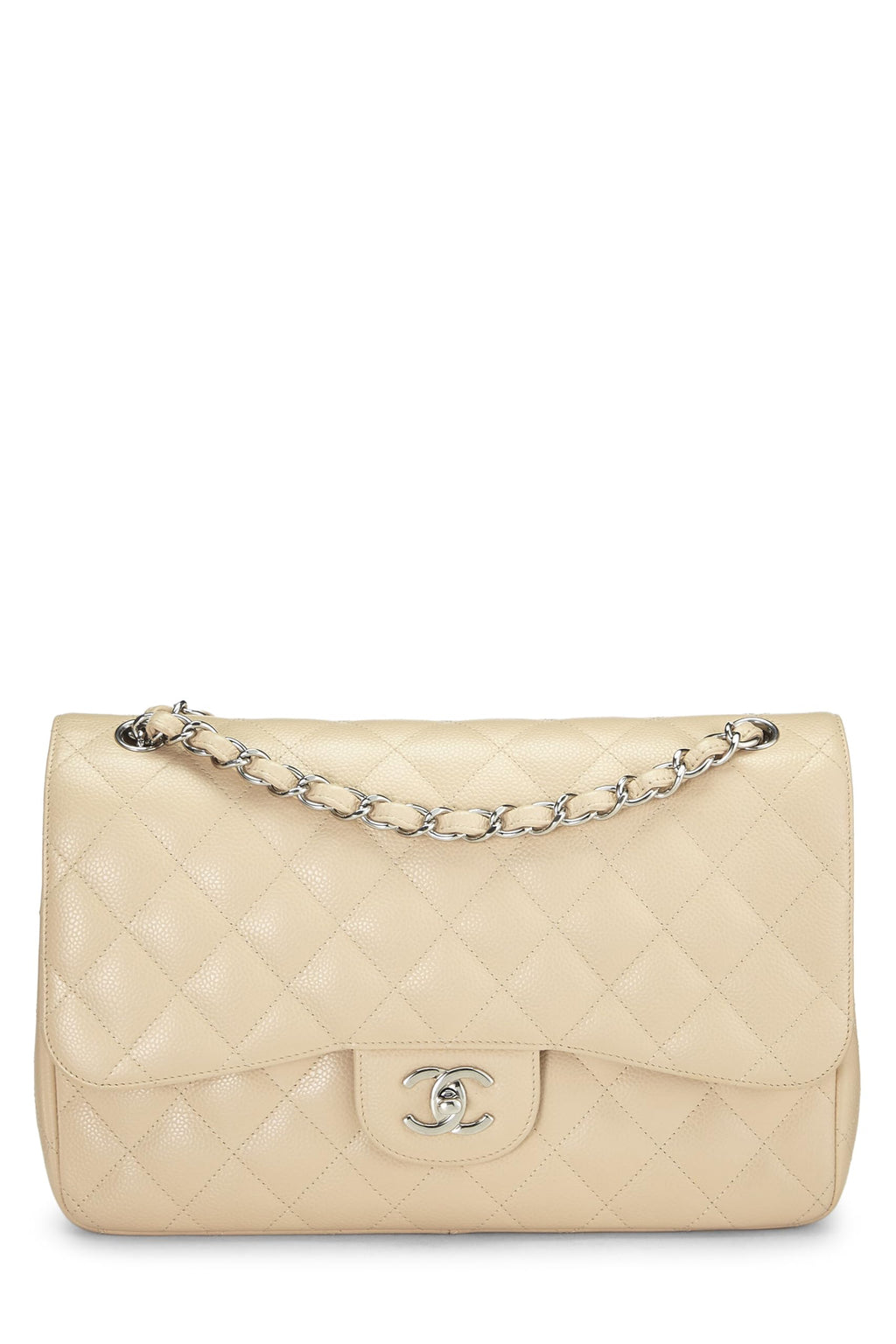 Chanel,  Beige Quilted Caviar New Classic Flap Jumbo, Beige