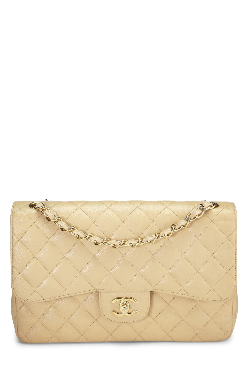 Chanel,  Beige Quilted Caviar New Classic Double Flap Jumbo, Beige