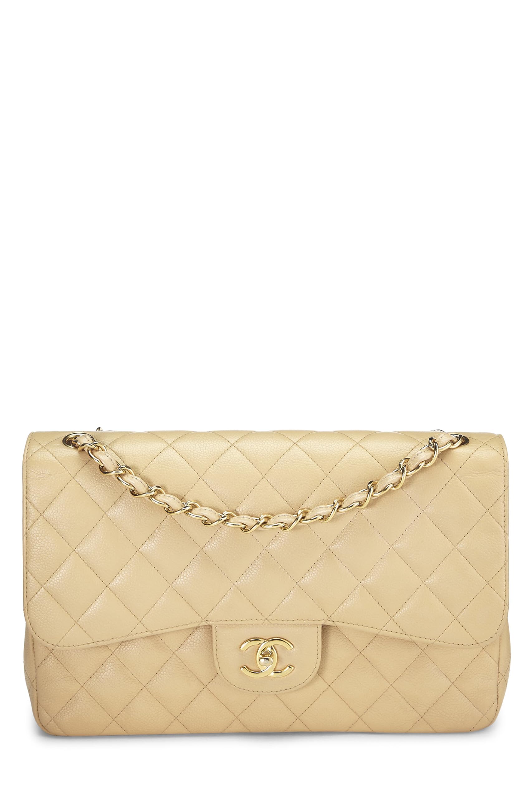 Chanel,  Beige Quilted Caviar New Classic Double Flap Jumbo, Beige