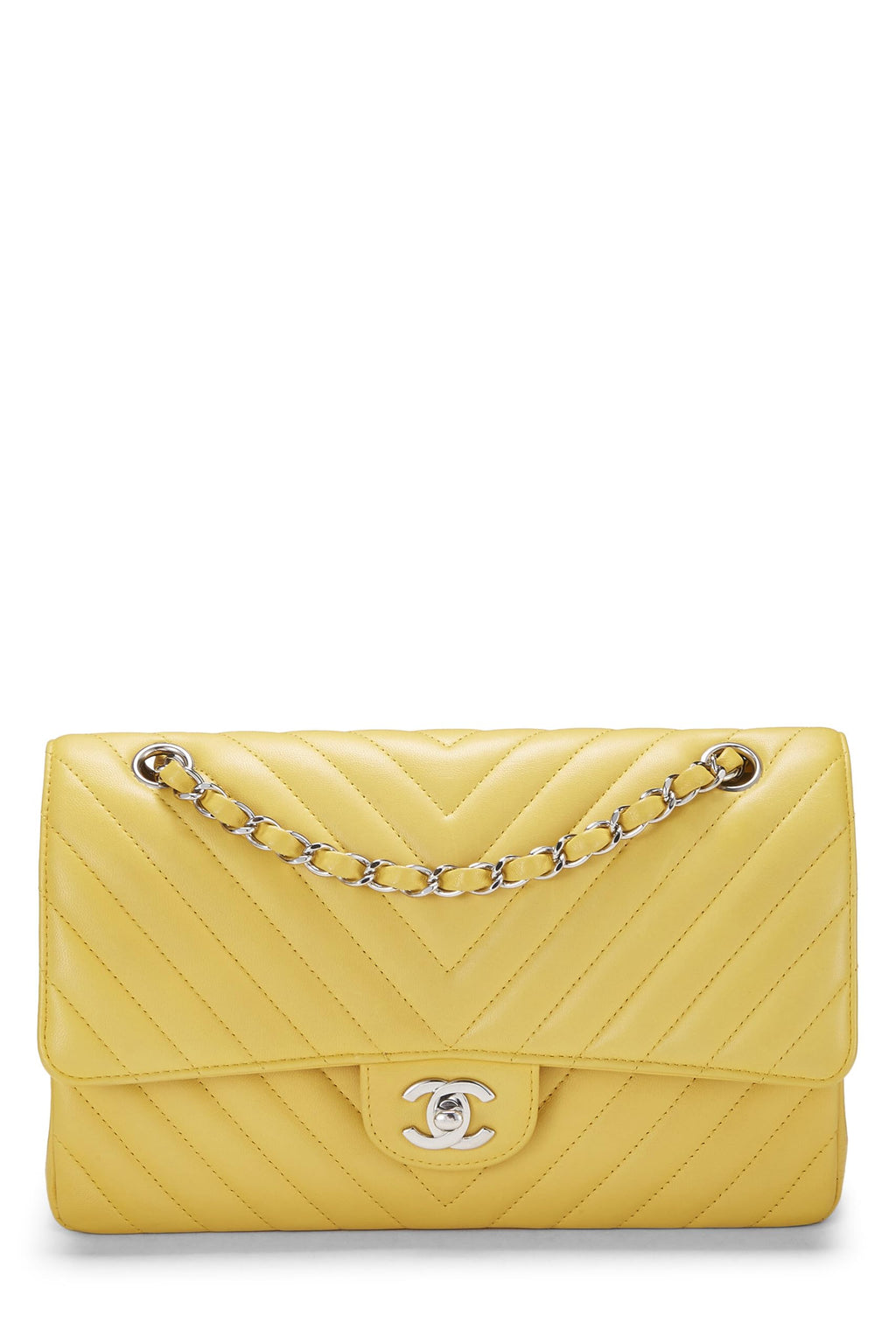 Chanel,  Yellow Chevron Lambskin Classic Double Flap Medium, Yellow