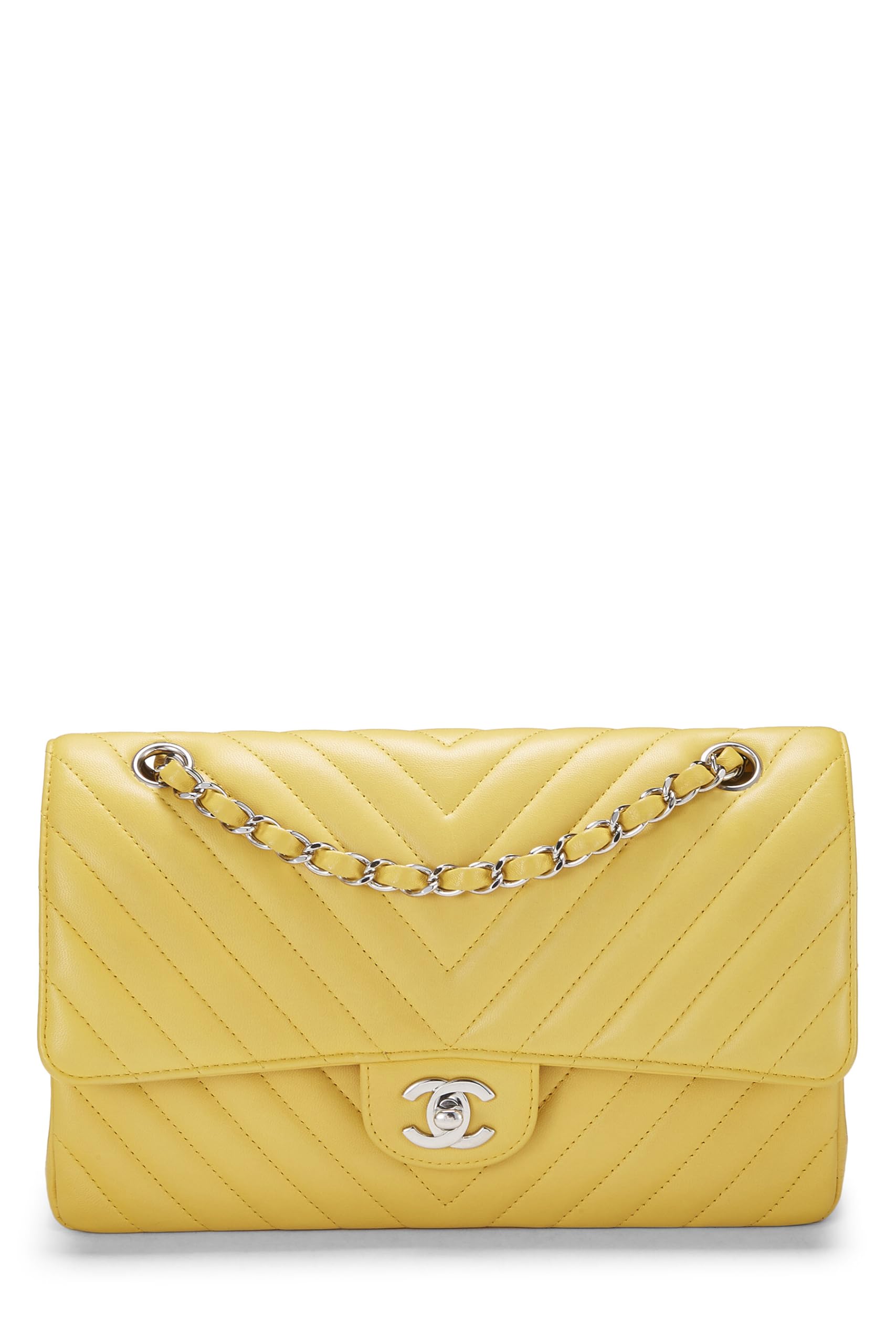 Chanel,  Yellow Chevron Lambskin Classic Double Flap Medium, Yellow