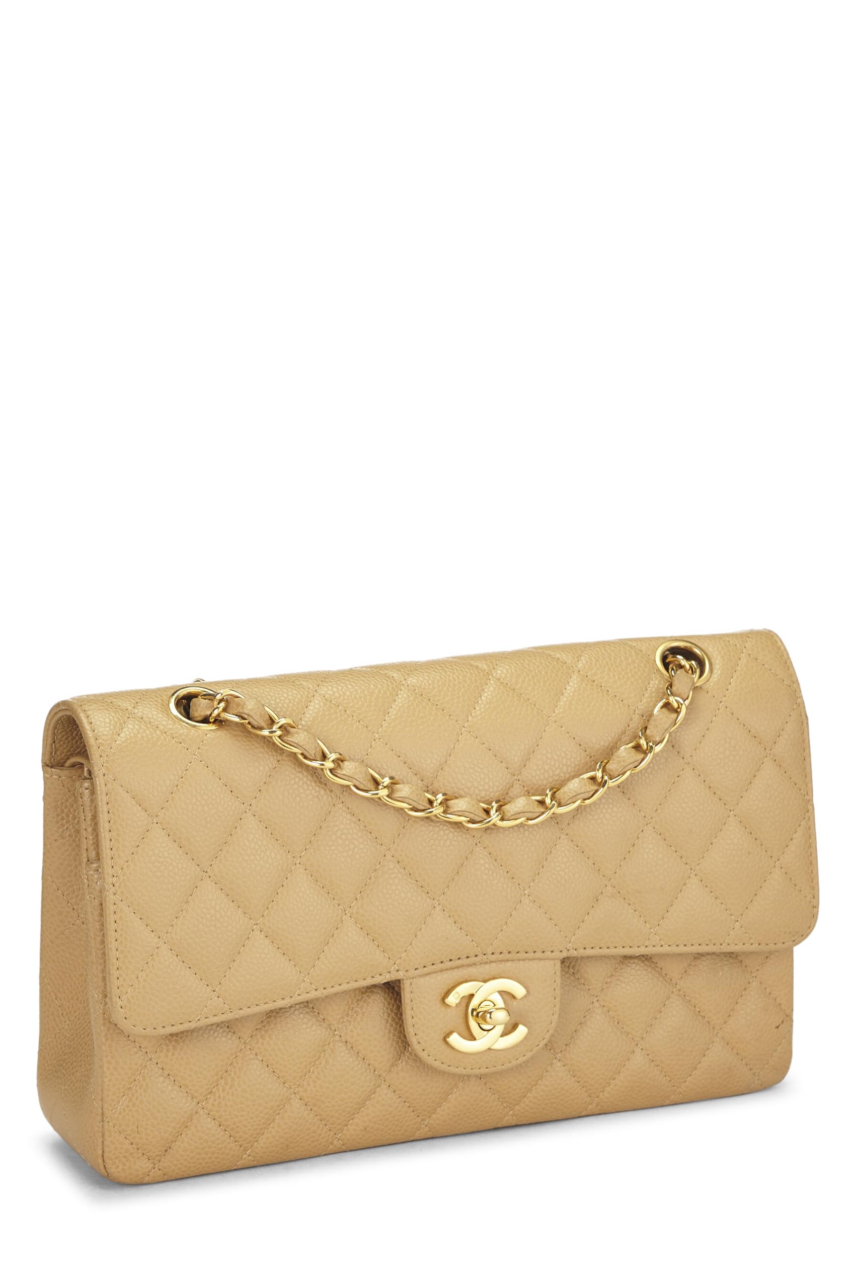 Chanel,  Beige Quilted Caviar Classic Double Flap Medium, Beige
