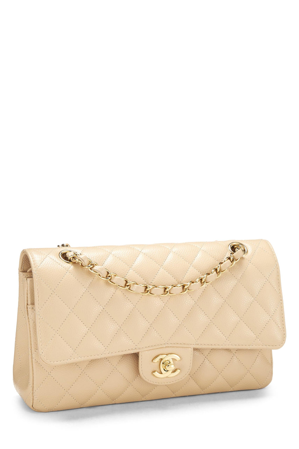 Chanel,  Beige Quilted Caviar Classic Double Flap Medium, Beige