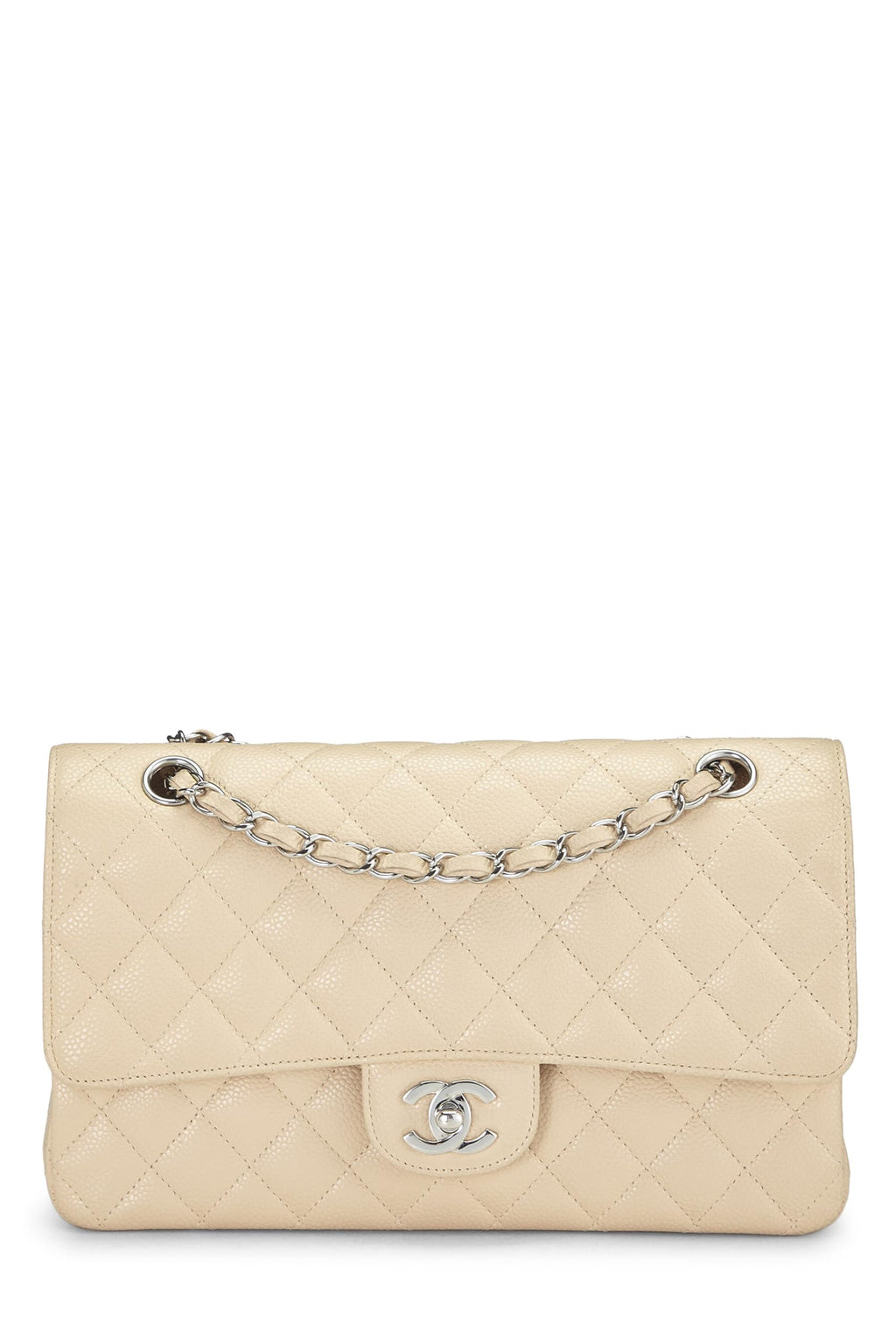 Chanel,  Beige Quilted Caviar Classic Double Flap Medium, Beige