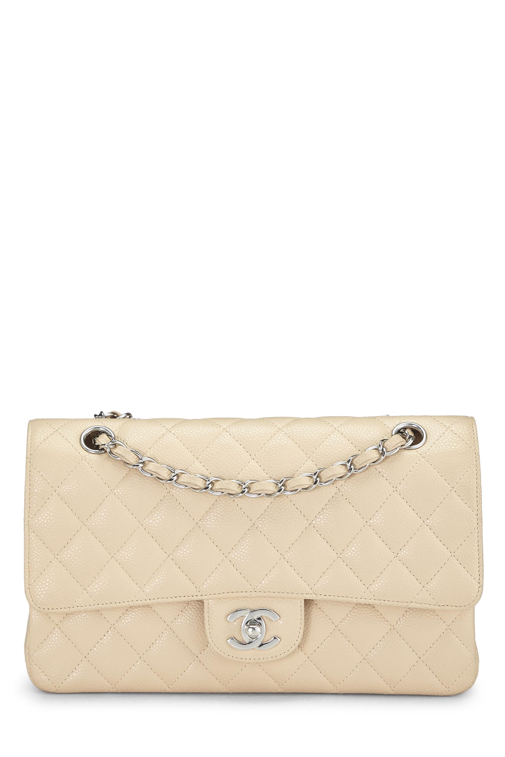 Chanel,  Beige Quilted Caviar Classic Double Flap Medium, Beige