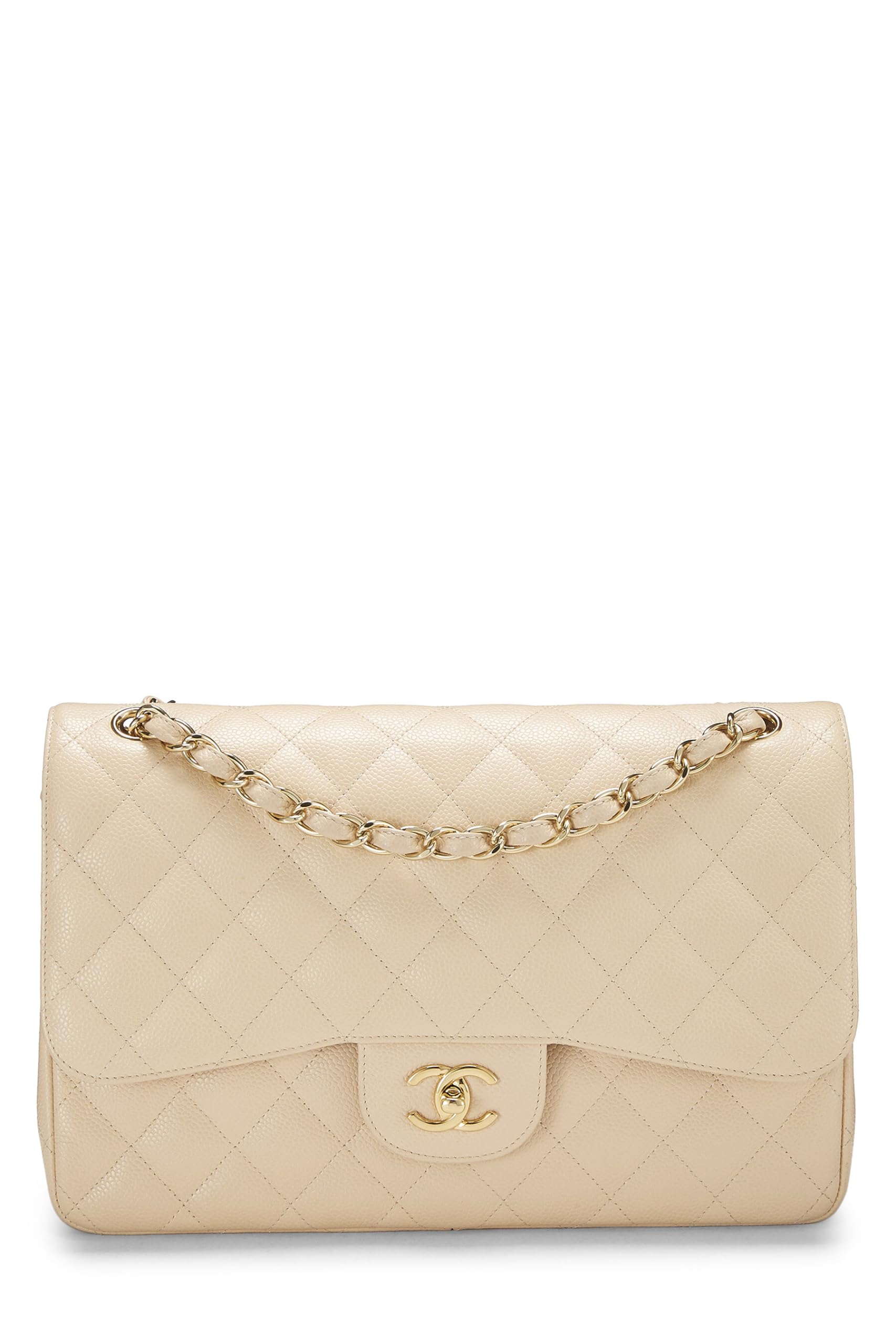 Chanel,  Beige Quilted Caviar New Classic Double Flap Jumbo, Beige