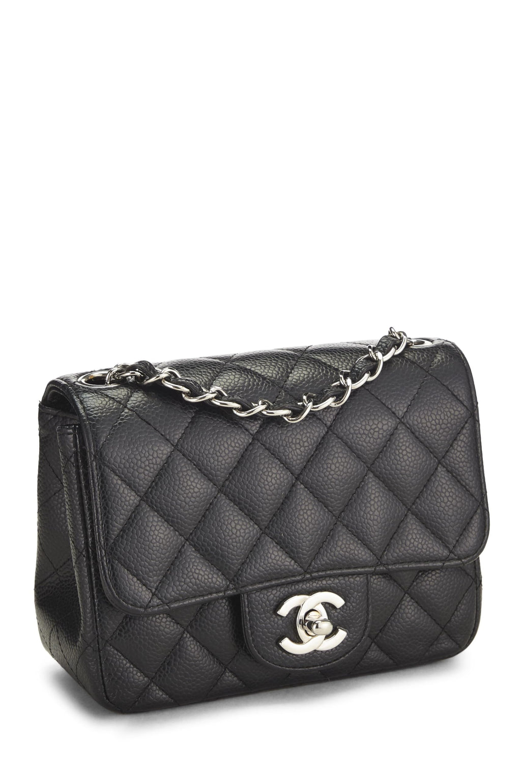 Chanel,  Black Quilted Caviar Classic Square Flap Mini, Black