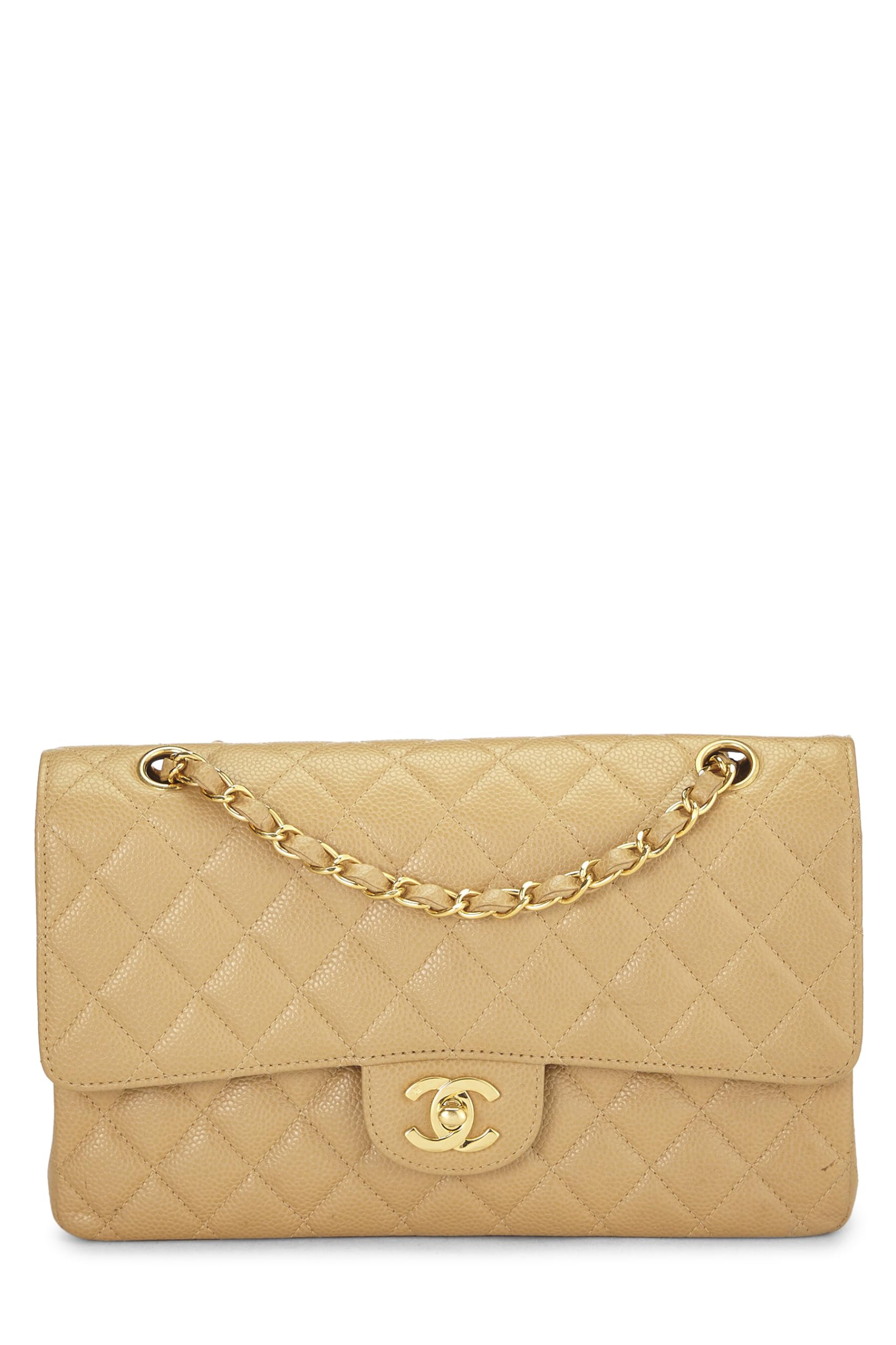 Chanel,  Beige Quilted Caviar Classic Double Flap Medium, Beige