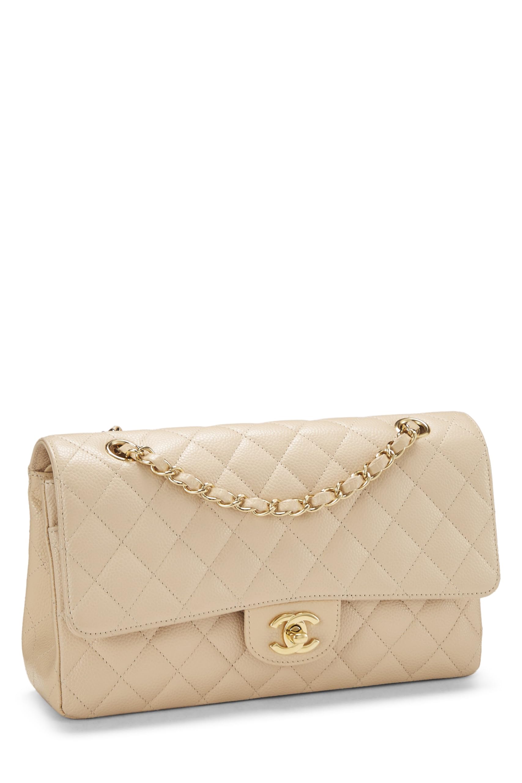 Chanel,  Beige Quilted Caviar Classic Double Flap Medium, Beige