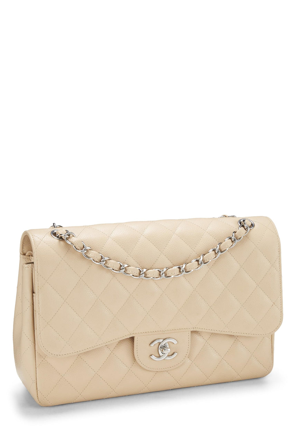 Chanel,  Beige Quilted Caviar New Classic Double Flap Jumbo, Beige