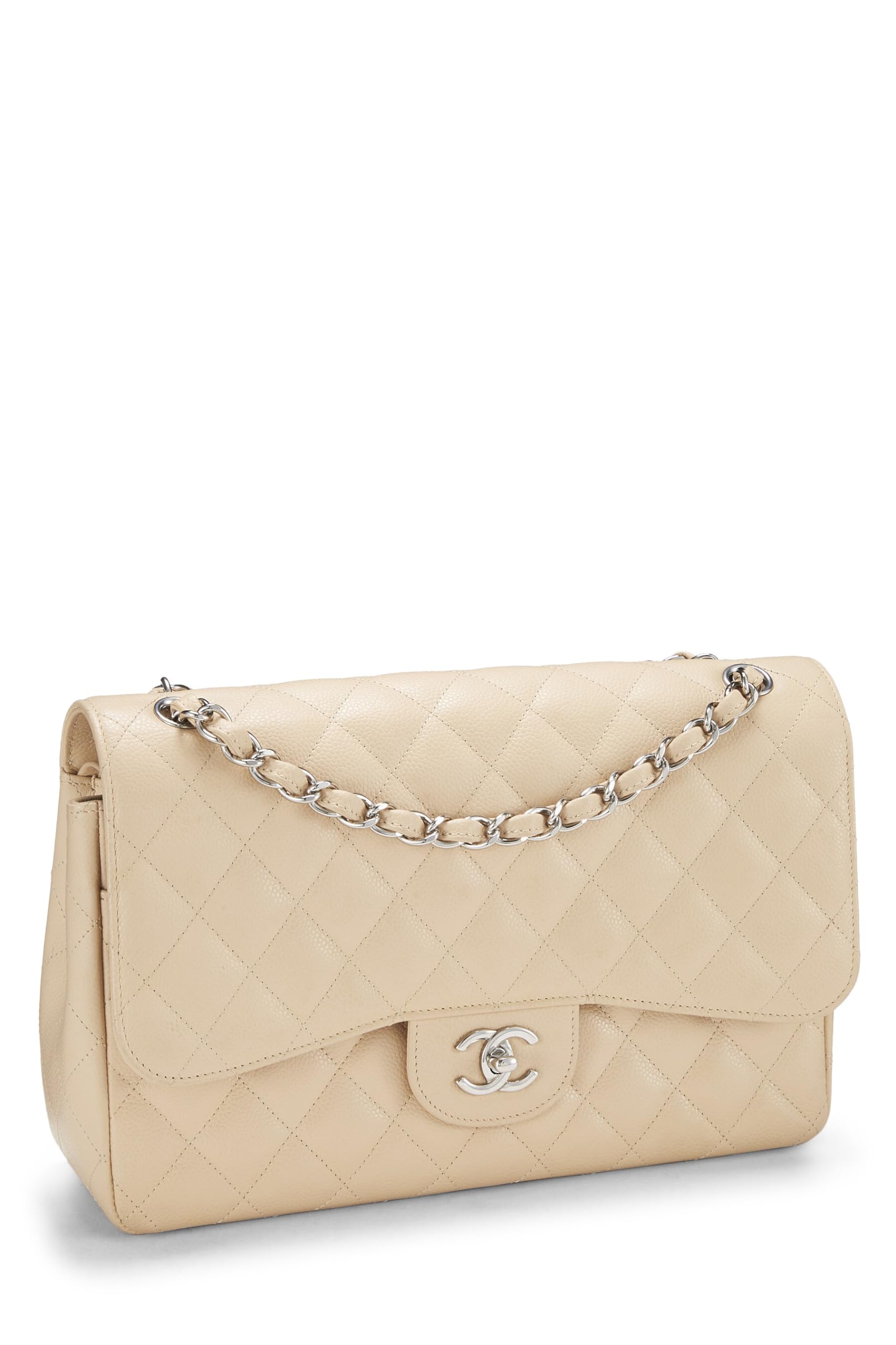 Chanel,  Beige Quilted Caviar New Classic Double Flap Jumbo, Beige