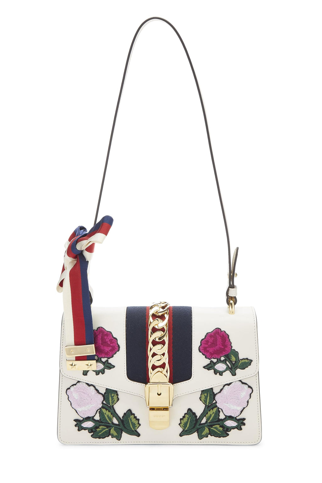 Gucci,  White Floral Embroidered Leather SyLouis Vuittonie Shoulder Bag Small, White