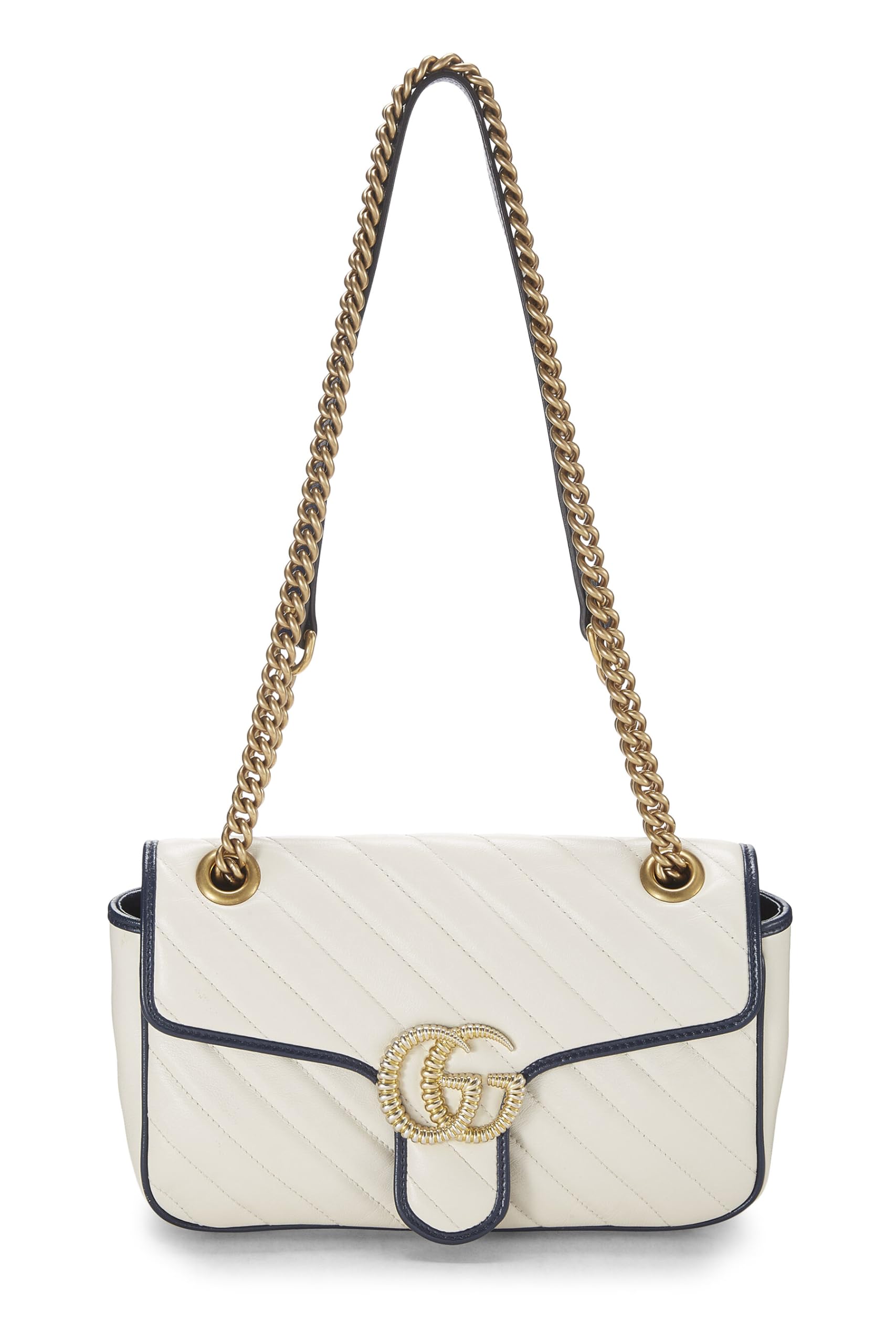 Gucci,  White Leather Torchon GG Marmont Shoulder Bag Small, White