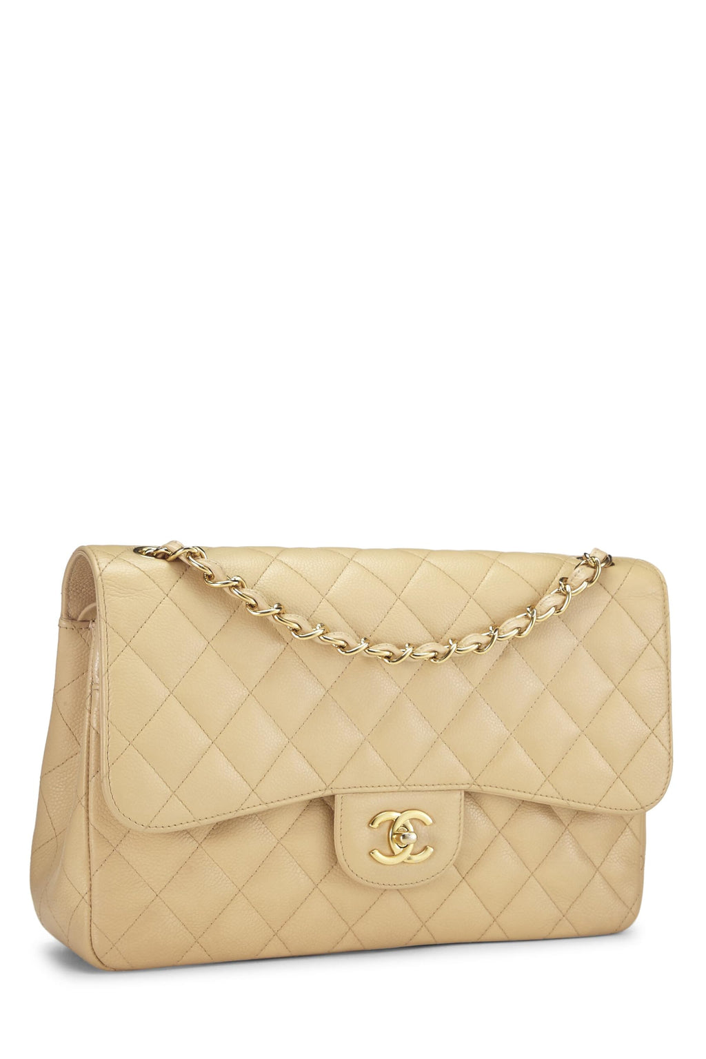Chanel,  Beige Quilted Caviar New Classic Double Flap Jumbo, Beige