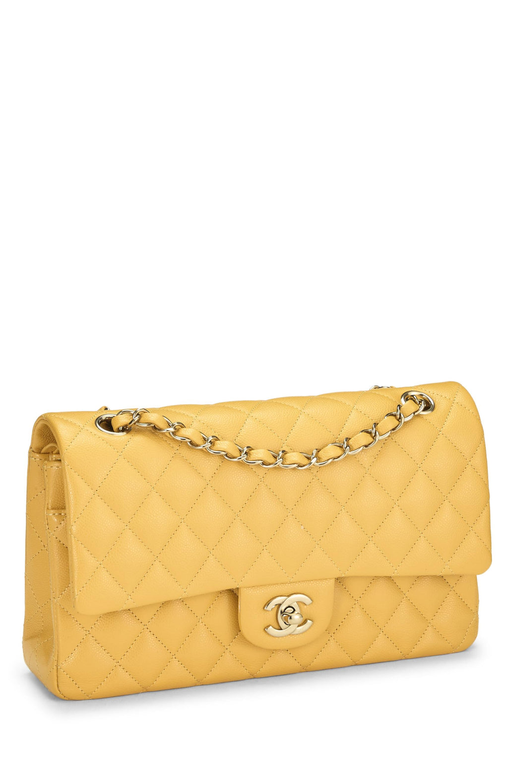 Chanel,  Yellow Quilted Caviar Classic Double Flap Medium, Yellow