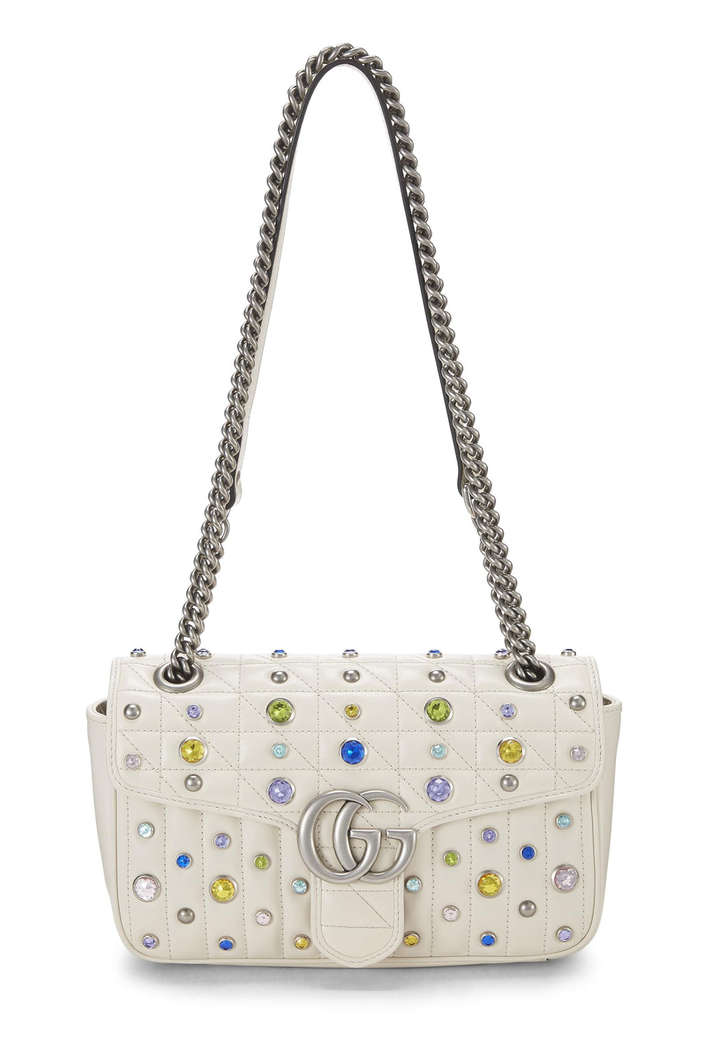 Gucci,  White Leather Crystal Embellished GG Marmont Shoulder Bag, White