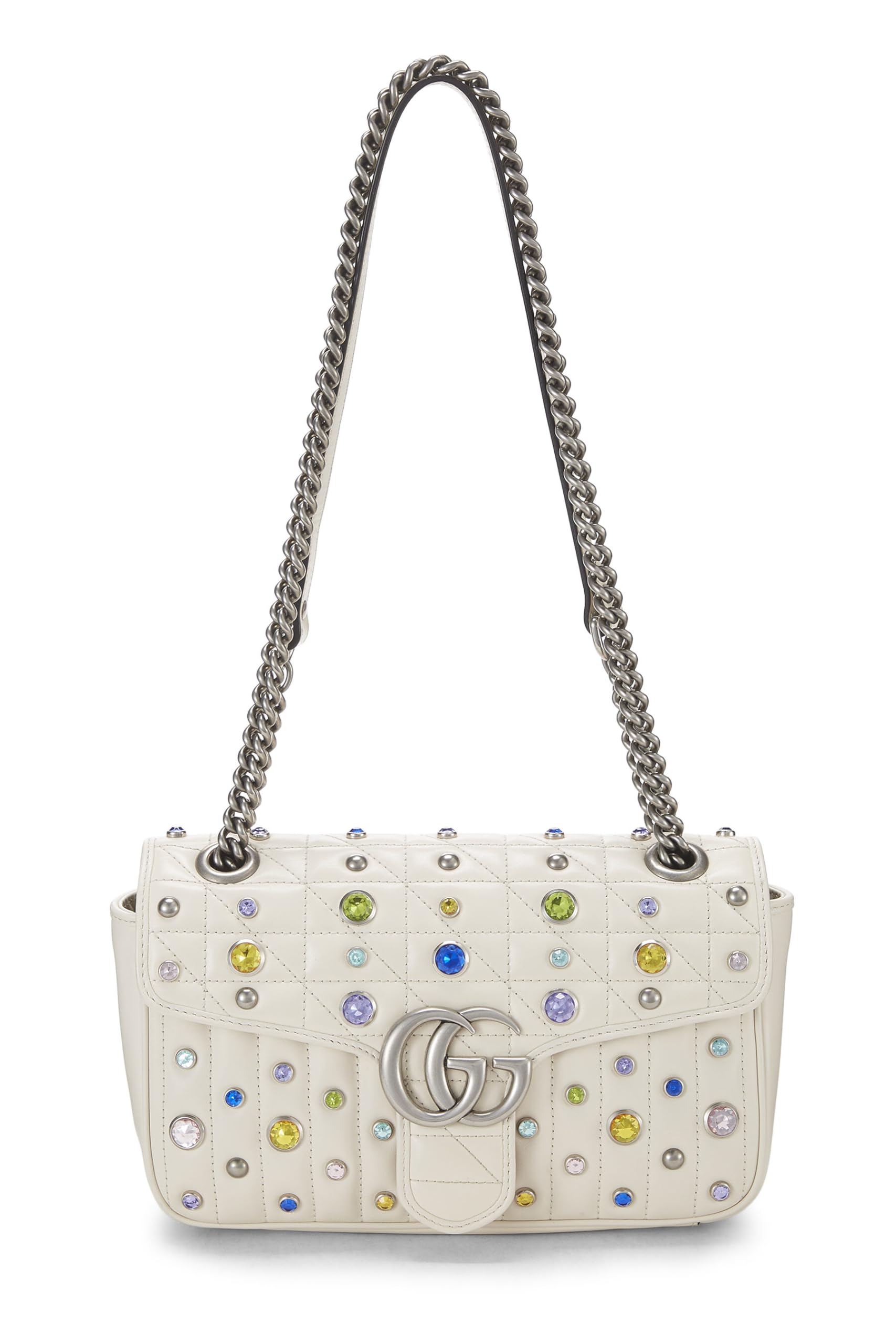 Gucci,  White Leather Crystal Embellished GG Marmont Shoulder Bag, White