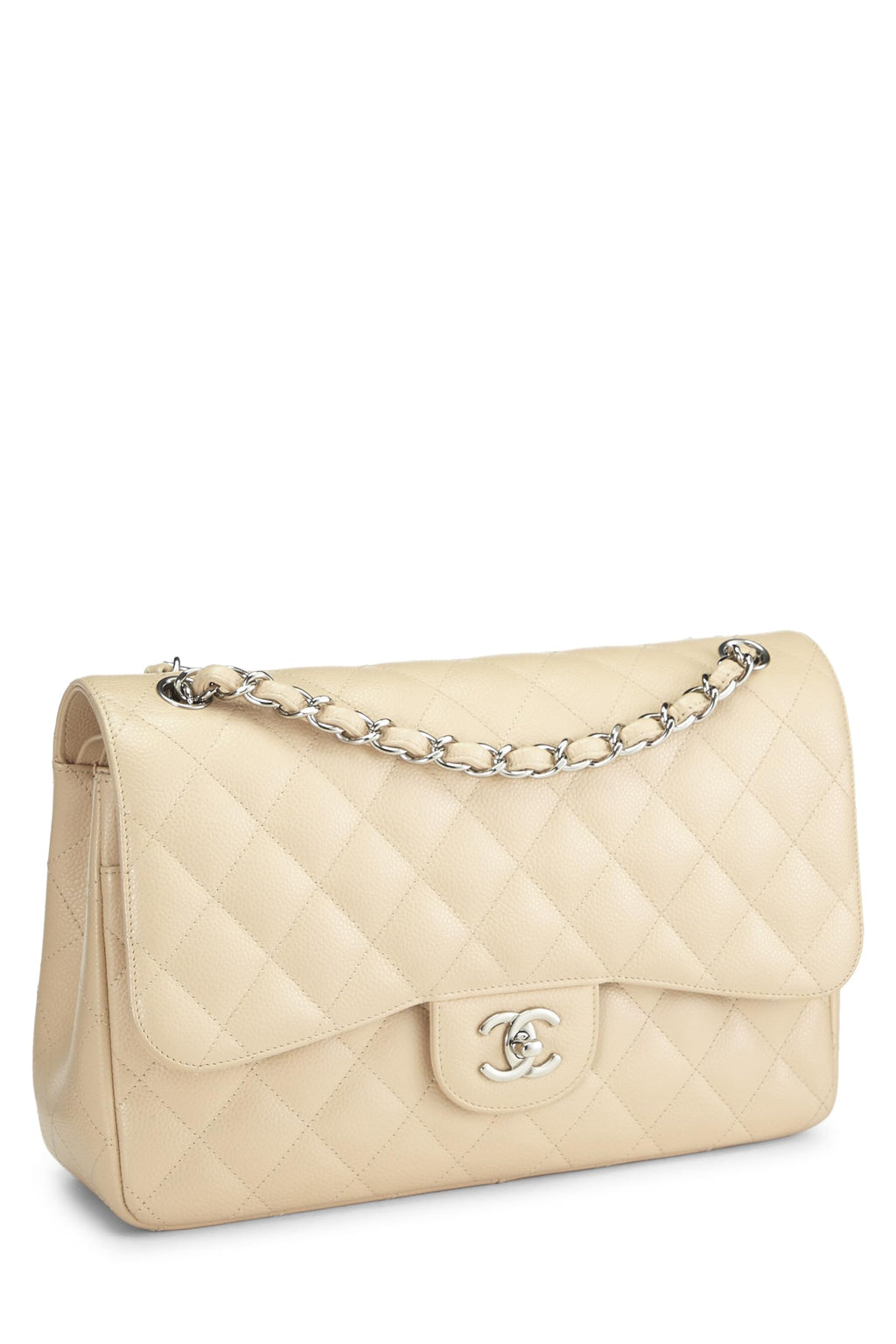 Chanel,  Beige Quilted Caviar New Classic Flap Jumbo, Beige