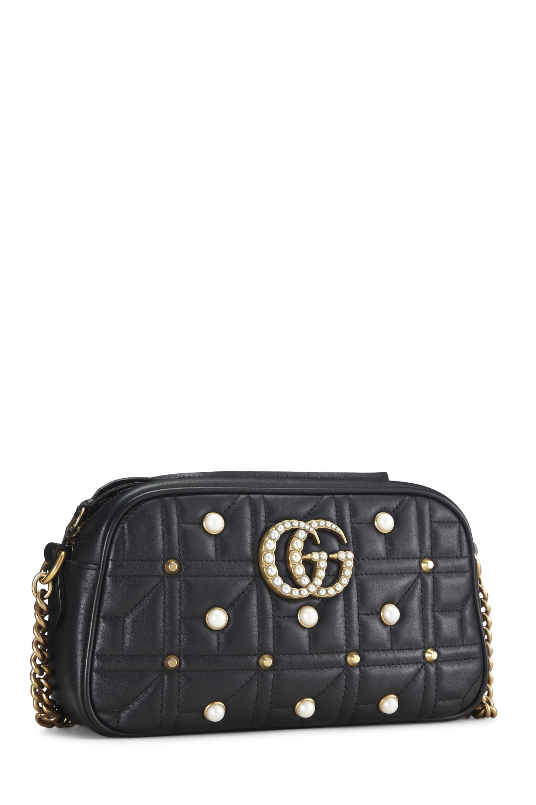 Gucci,  Black Leather & Faux Pearl Gucci Marmont Crossbody Small, Black