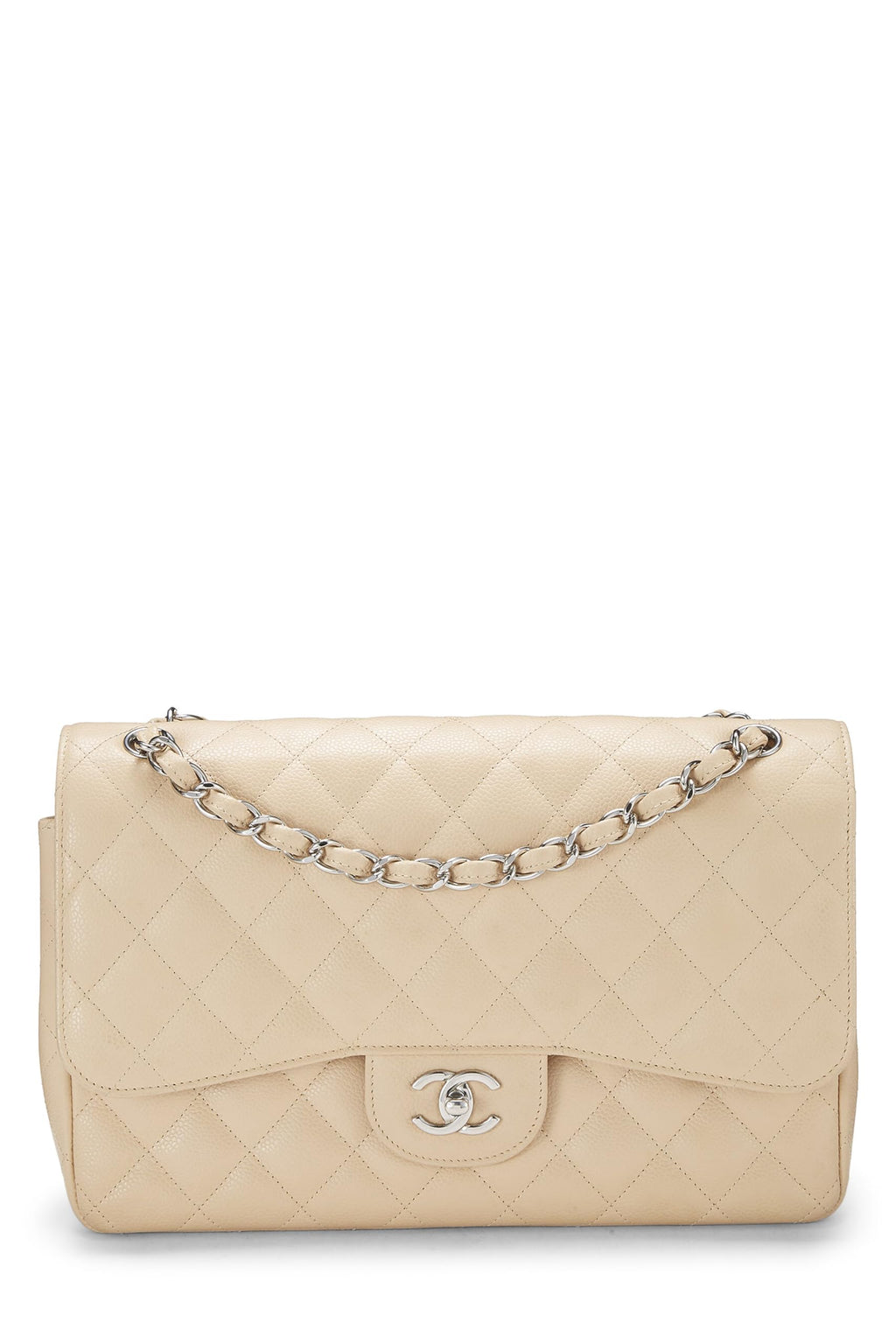 Chanel,  Beige Quilted Caviar New Classic Double Flap Jumbo, Beige