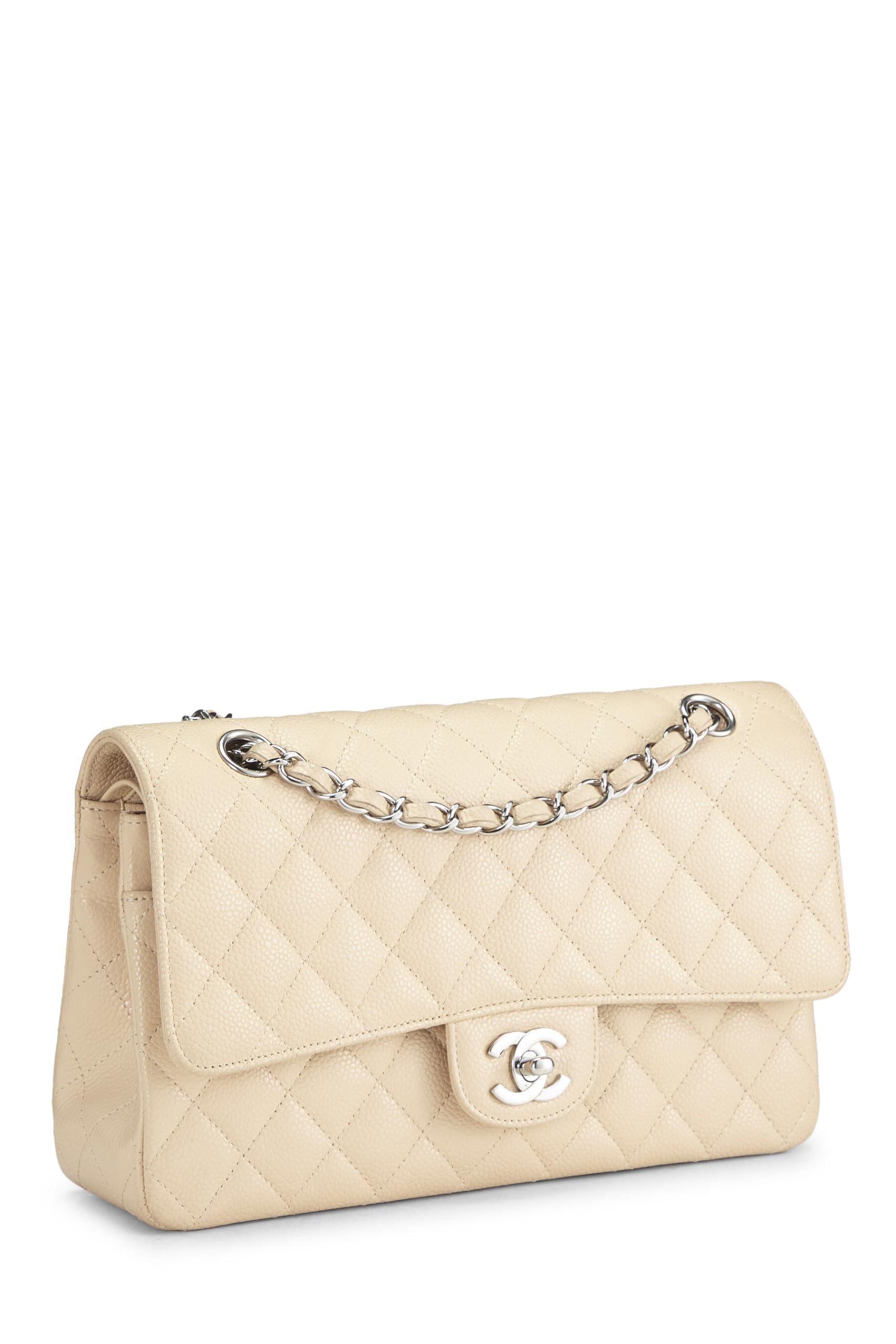 Chanel,  Beige Quilted Caviar Classic Double Flap Medium, Beige