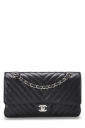 Chanel,  Black Chevron Lambskin Classic Double Flap Medium, Black