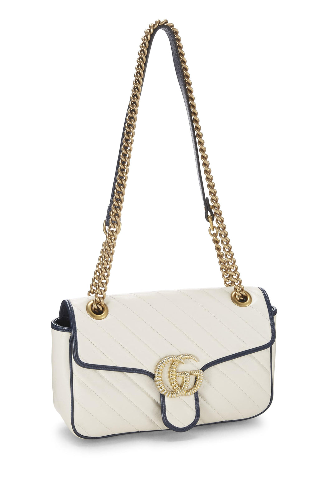 Gucci,  White Leather Torchon GG Marmont Shoulder Bag Small, White