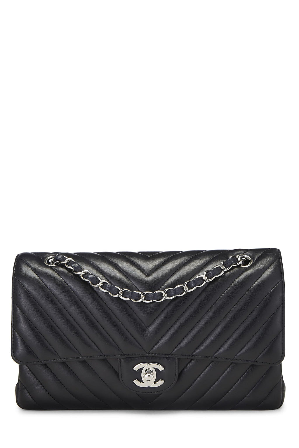 Chanel,  Black Chevron Lambskin Classic Double Flap Medium, Black