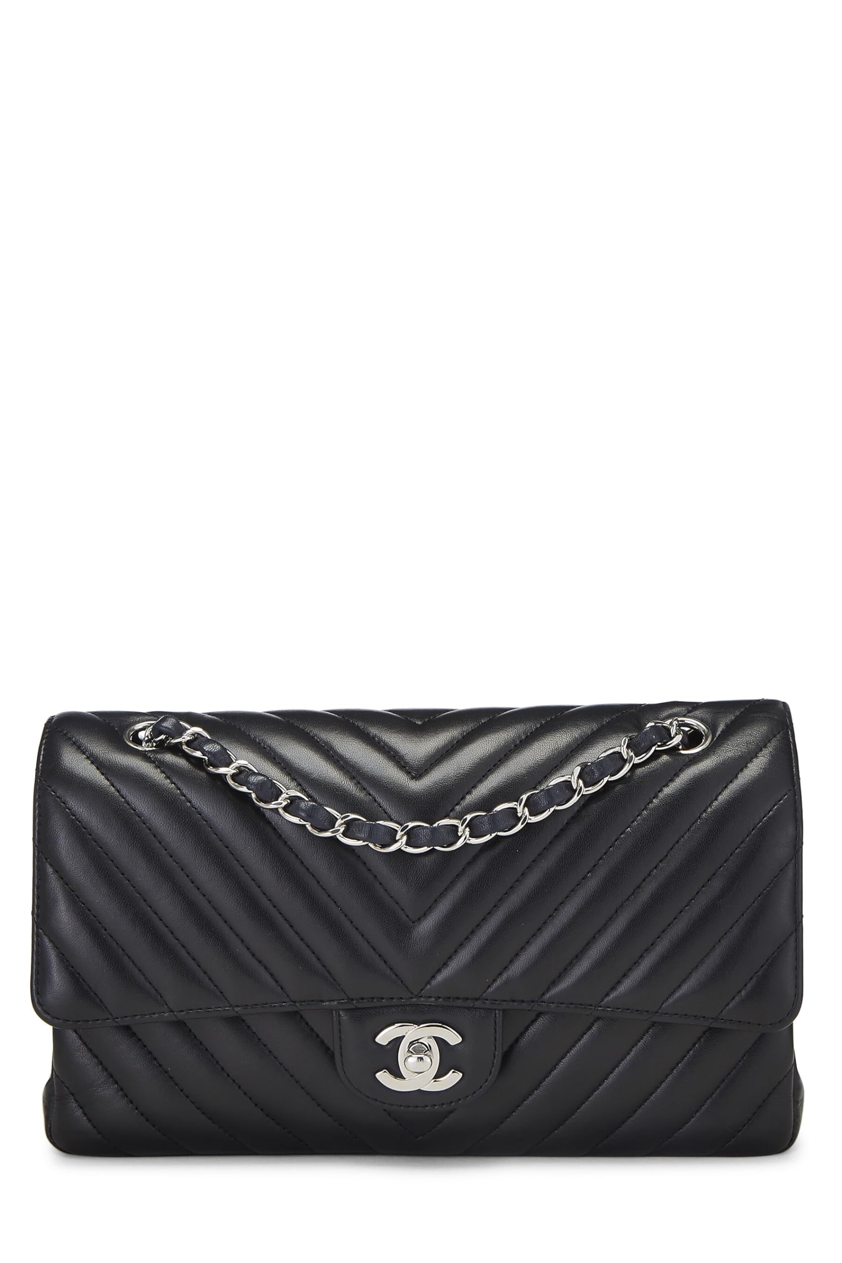 Chanel,  Black Chevron Lambskin Classic Double Flap Medium, Black