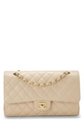 Chanel,  Beige Quilted Caviar Classic Double Flap Medium, Beige