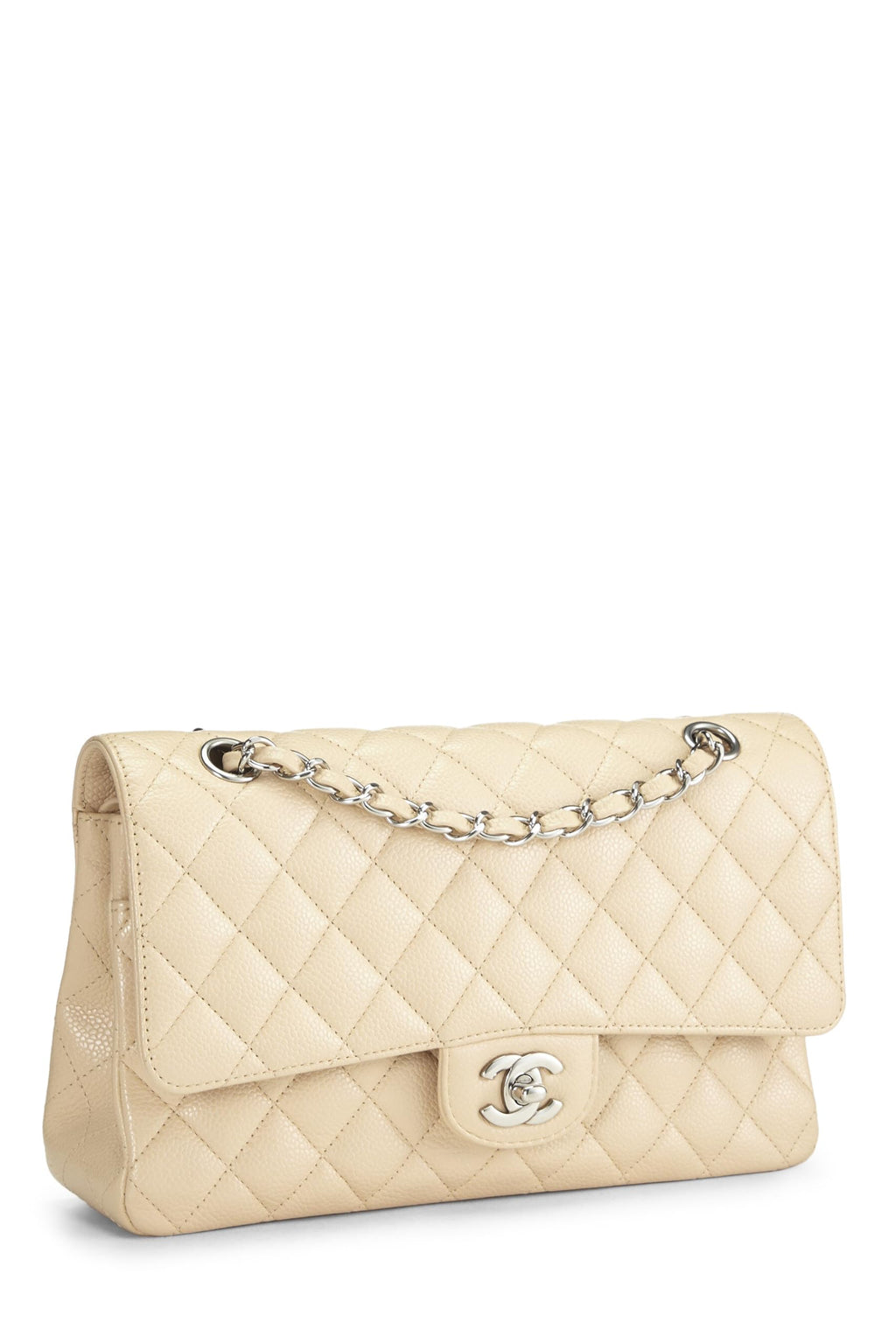 Chanel,  Beige Quilted Caviar Classic Double Flap Medium, Beige