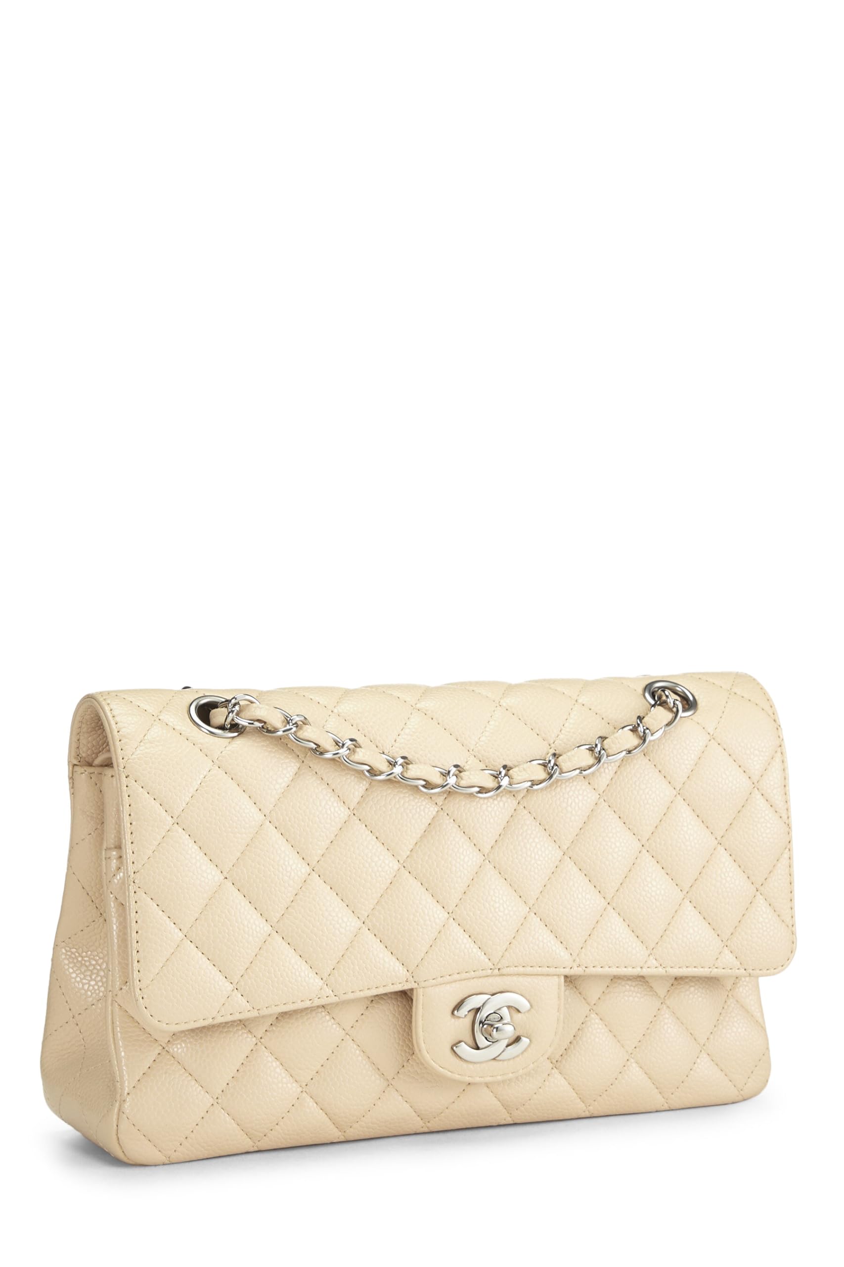 Chanel,  Beige Quilted Caviar Classic Double Flap Medium, Beige